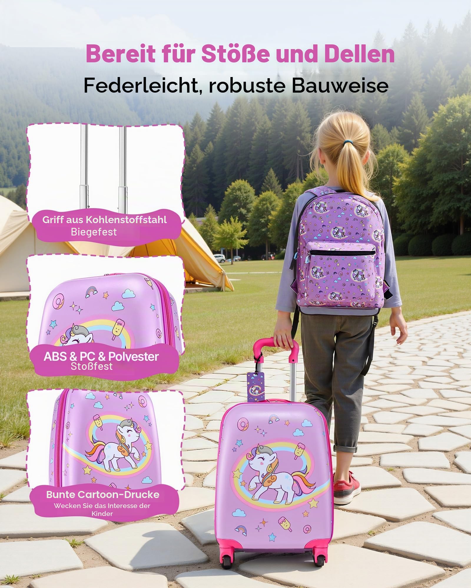 VEVOR 5 TLG. Kinderkoffer Set, 457,2 mm, Hartschalenkoffer mit Kindertrolley, Rucksack, Nackenkissen, Lunchbox & Kofferanhänge, Kofferset fürJungen & Mädchen, praktisch für Reisen Fliegen (Einhorn)