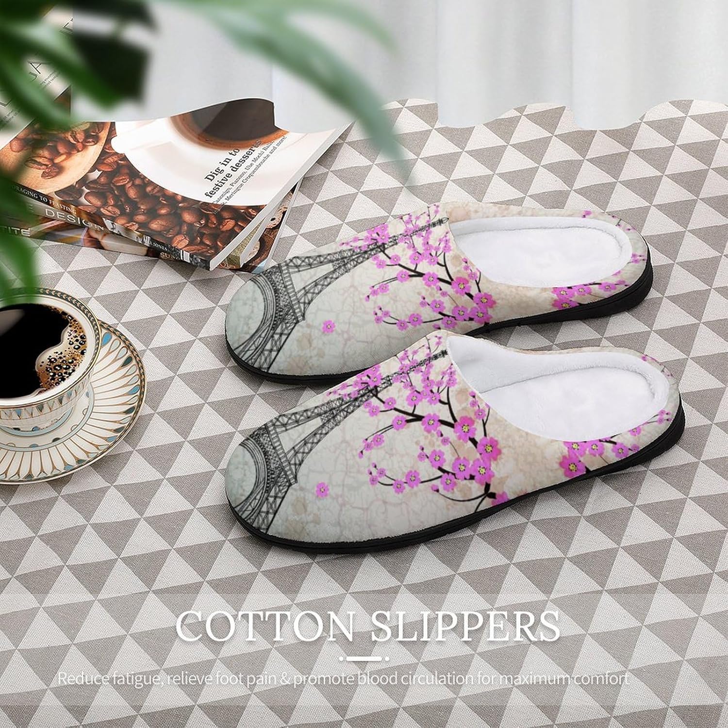 Pairs Eiffel Tower Women's House Slippers Memory Foam Warm Shoes Spa Rubber Sole Indoor Outdoor