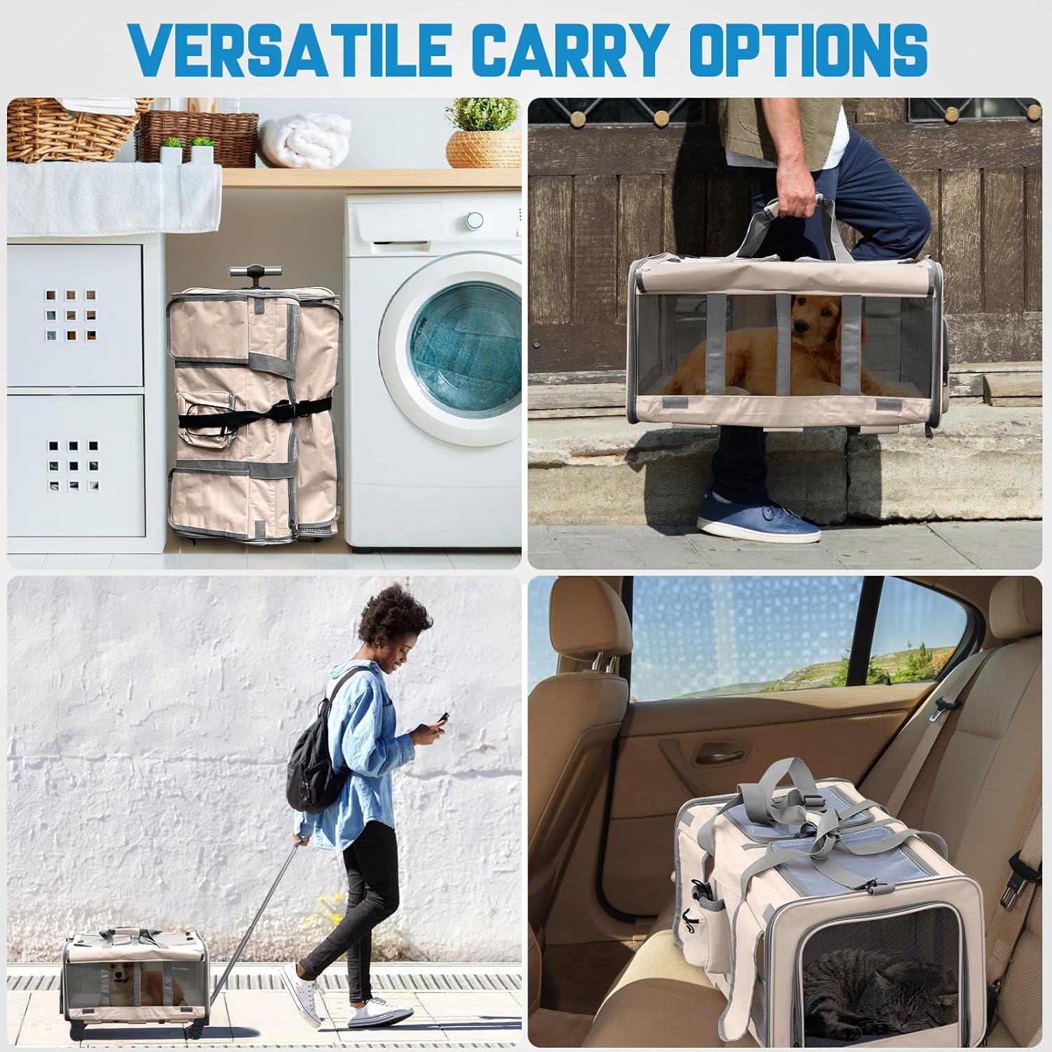 Foldable Large Pet Carrier with Wheels—Accommodates Two Pets, Includes cat Toy and Storage Strap. Breathable and Portable, Ideal for Hiking, Camping, and Travel (Beige)