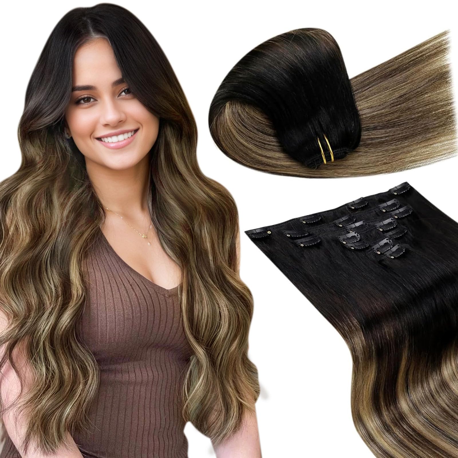 LaaVoo Clip in Hair Extensions Real Human Hair Black Hair Extensions Clip in 14 Inch 120g 7pcs Full Head Straight Balayage Dark Brown & Blonde Remy Hair Double Weft #1b/4/27