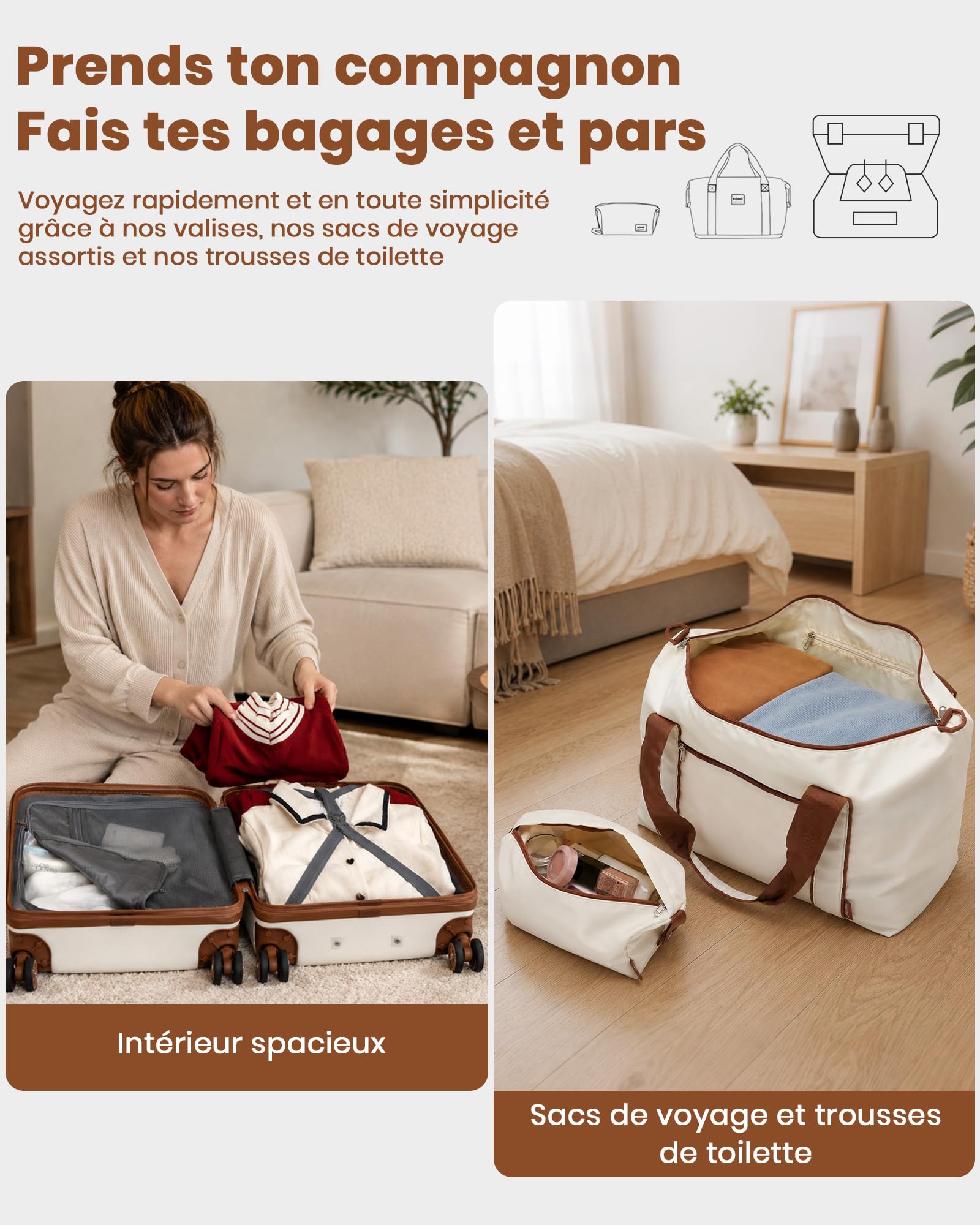 Kono Set de 3 Valises d'une Valise Grande Taille 75cm Extensible à Roues Silencieuses et Serrure TSA, Un Sac de Voyage à Poche Imperméable et Sangle pour Valise, et Une Trousse de Toilette (Crème)