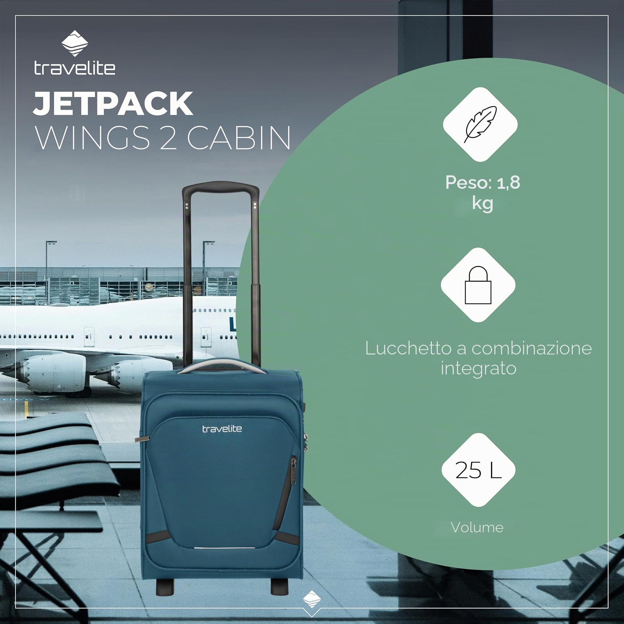 travelite valigia a mano con 2 rotelle per Eurowings, serratura a combinazione integrata, trolley compatto per bagaglio morbido con funzione di aggancio, 40x30x25 cm, 25 l, 1,8 kg