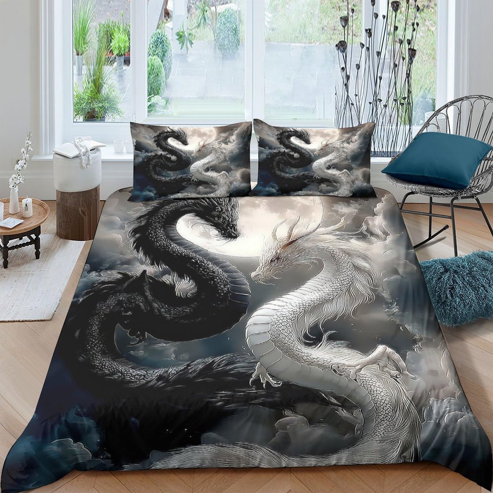 Ctjqhvkz Style-8 3D Printed Black Dragon Fitted Sheet Microfiber Soft Breathable White Serpent Mattress Cover For Bedroom Dorm Decor Single（135X200cm）
