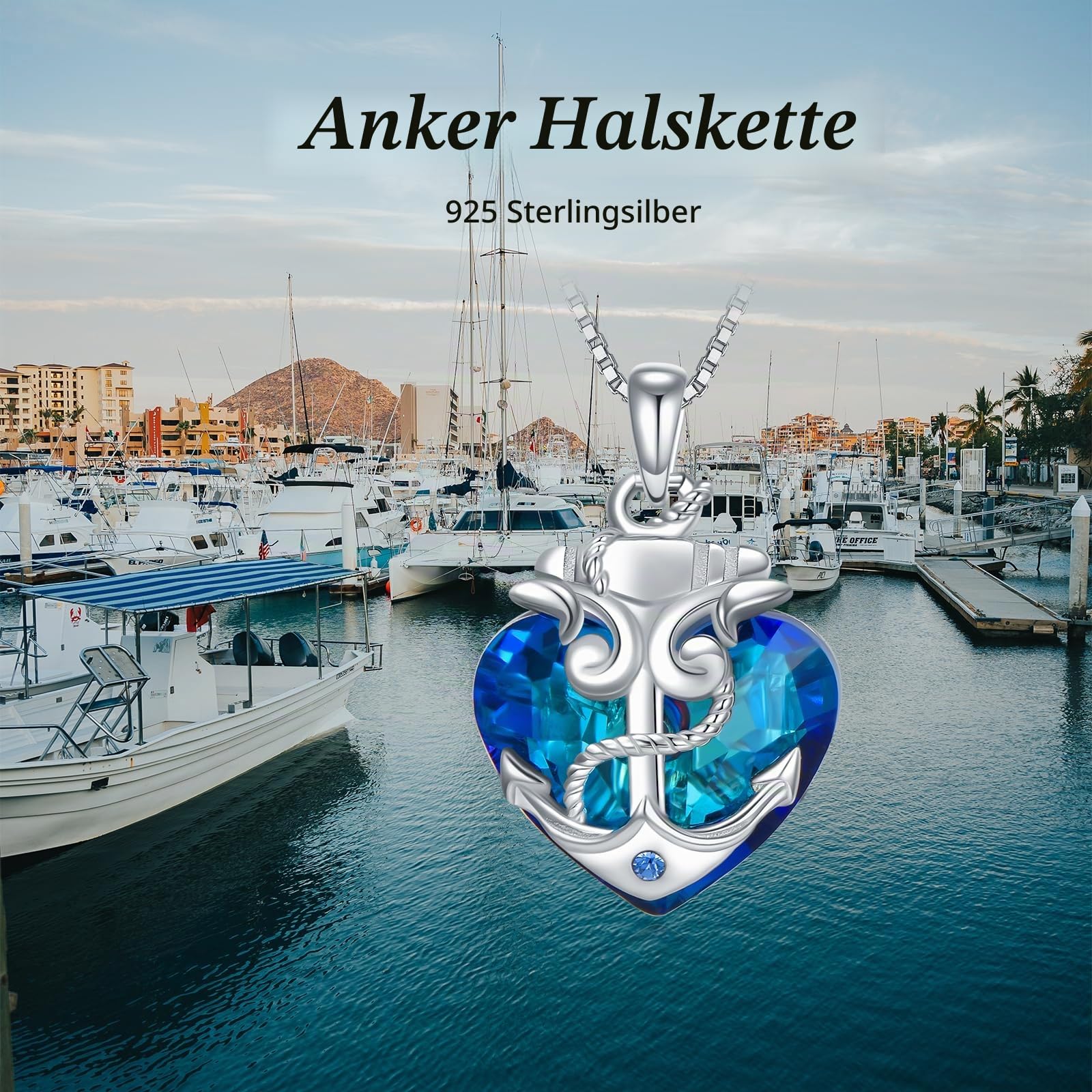 YAFEINI Anker Halskette für Damen 925 Sterling Silber Blau Ozean Herz Nautische Anhänger Kette Kristall Schmuck Geschenk für Mädchen Mutter Tochter