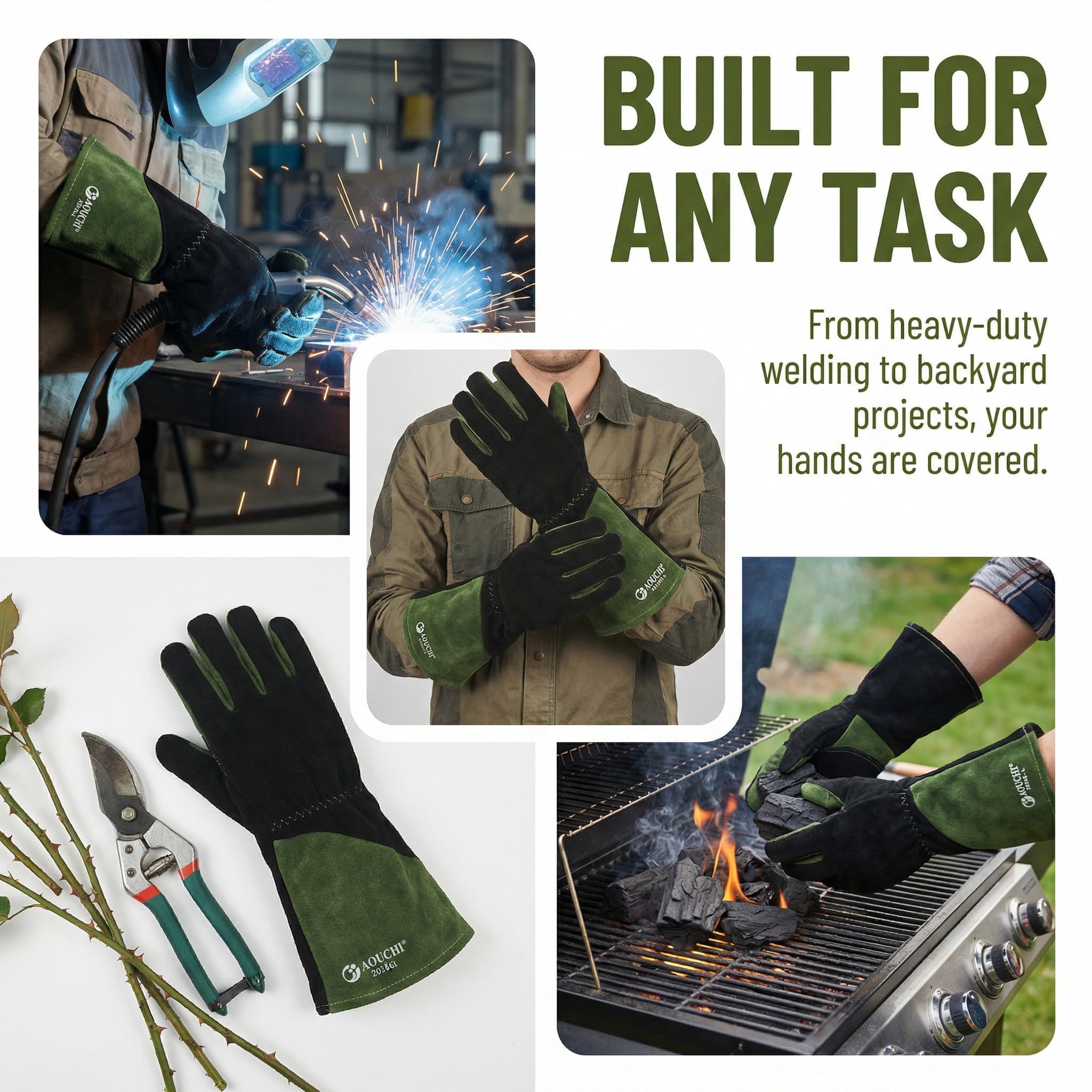 Grillhandschuhe und Schweißhandschuhe aus Rindsleder, langärmelig, feuerfeste und hitzebeständige Kaminhandschuhe für Grill, Schweißen Tig Mig, Kamin, Ofen, Backen, Herd (Green, X-Large)