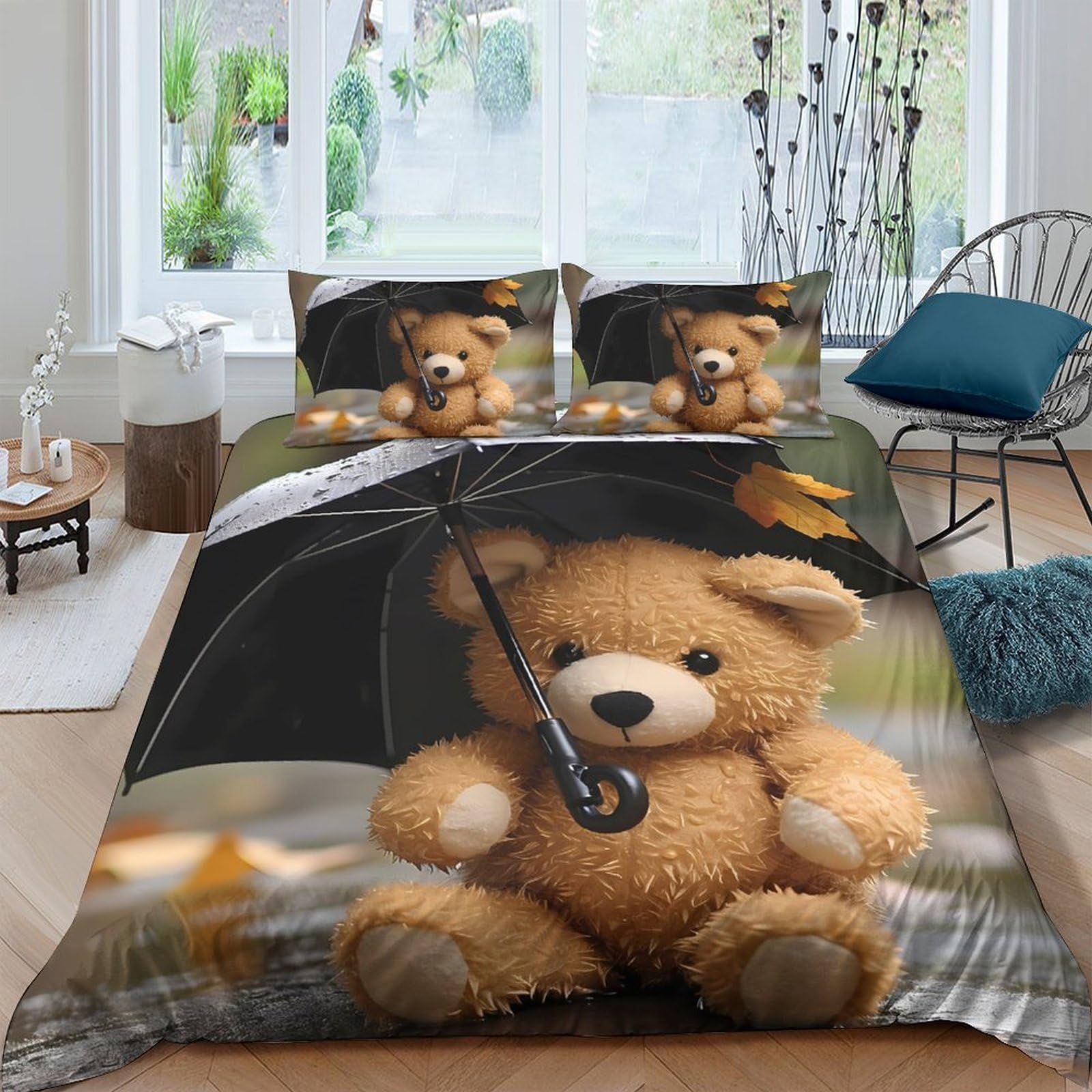 Ctjqhvkz Style-7 3D Printed Cute Teddy Bear Fitted Sheet Microfiber Soft Bedroom Decor Umbrella Bed Cover Anti-Slip Machine Washable Single（135X200cm）