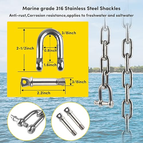 Miniatura 4 de VEITHI Anchor Chain,316 Stainless Steel Boat Anchor Chain, Anchor Chain for Boats with 2 Pcs Shackles,Marine Grade(3 Size)