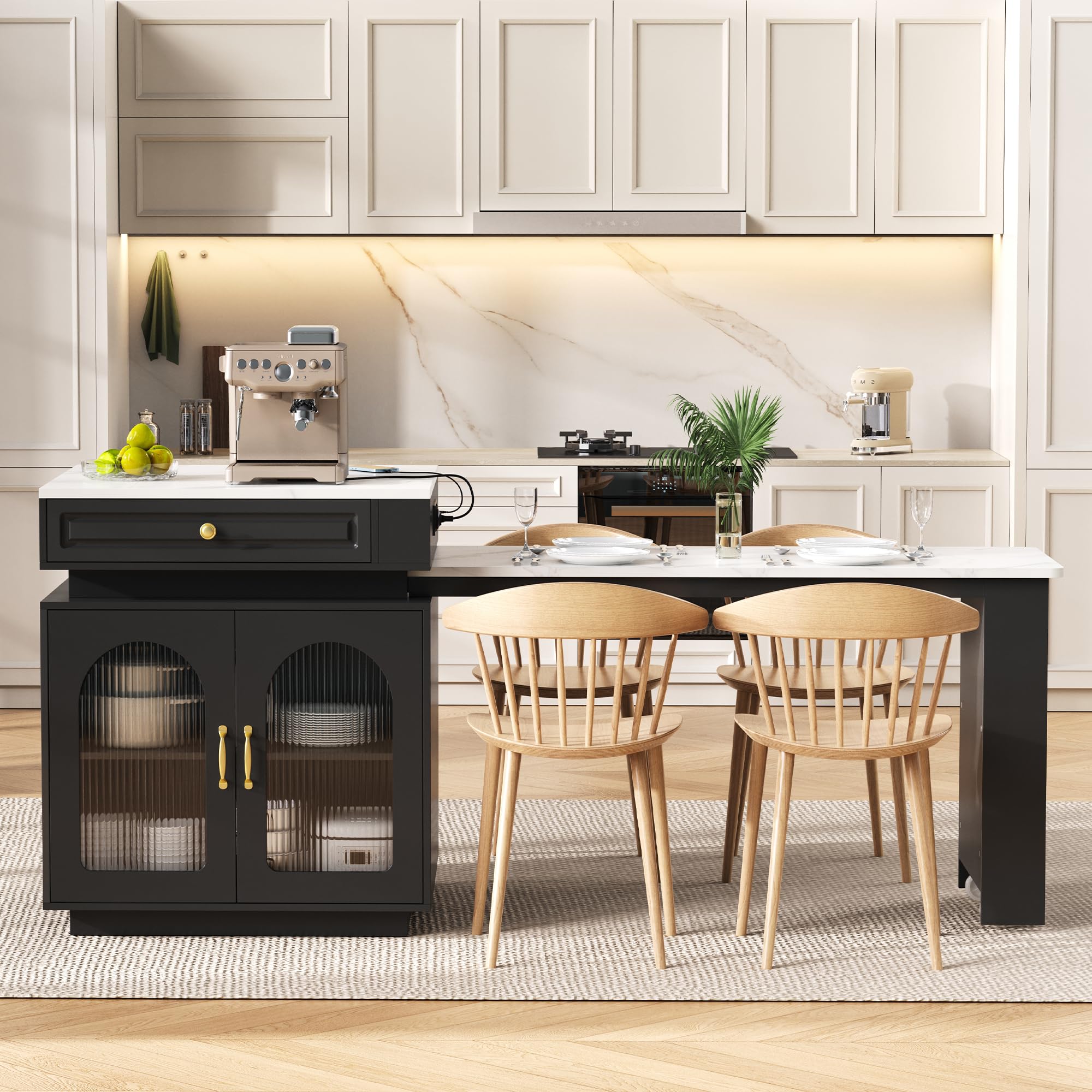 Isola da cucina con ruote, tavolo da pranzo allungabile, tavolo da bar, credenza per cucina e sala da pranzo, nero