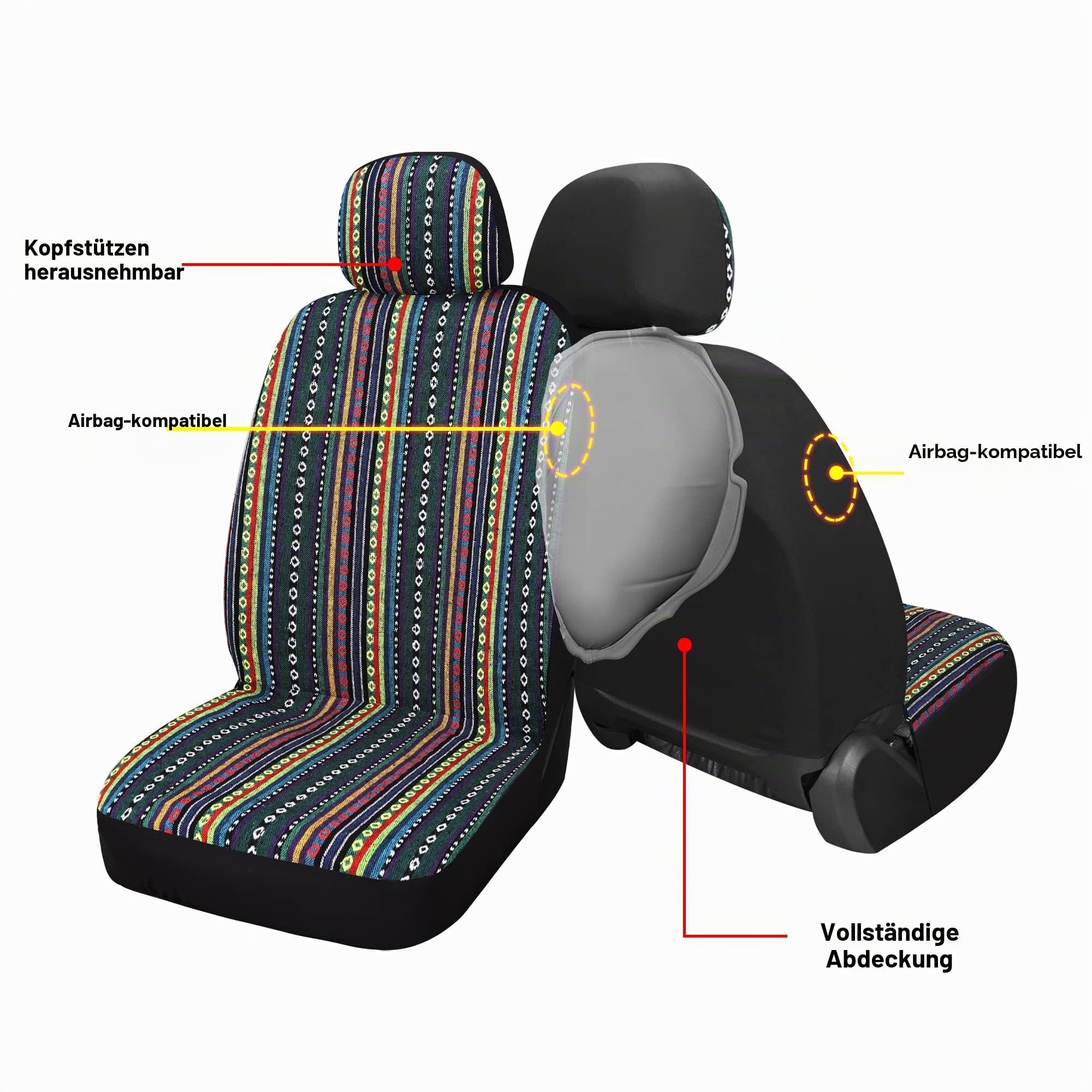 Pariitadin Baja Satteldecke Autositzbezüge Vorne Set mit Sicherheitsgurtpolstern Waschbar Atmungsaktiv Gestreift Gewebt Stoff Sitzbezüge für Autos Universal Fit Meisten Autos Airbag Kompatibel