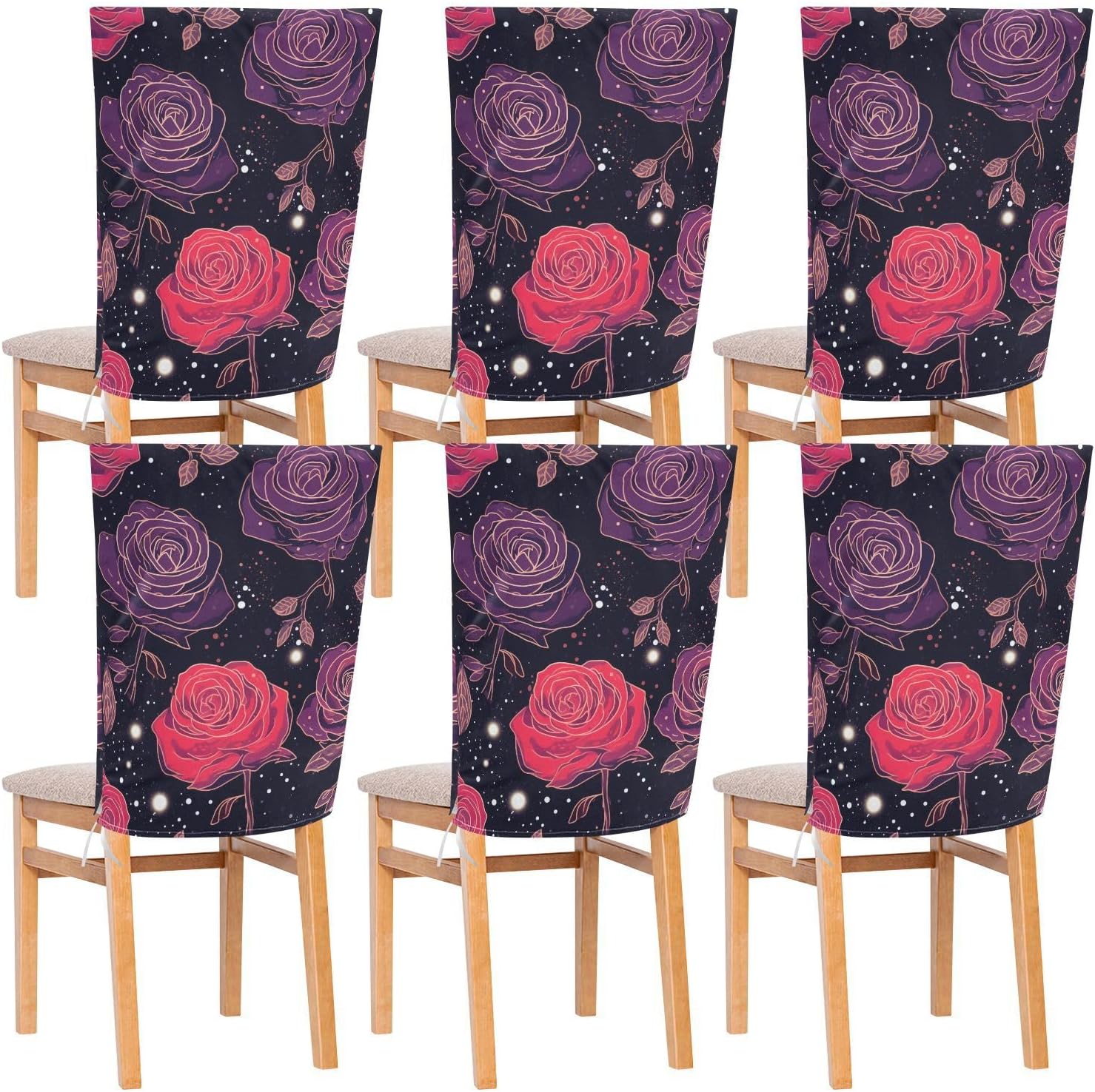 ALAZA Rose on Galaxy Background Chair Back Cover Set of 6, Washable Reusable Removable Chair Slipcovers Decorative Chair Cover for Home Kitchen Wedding Party