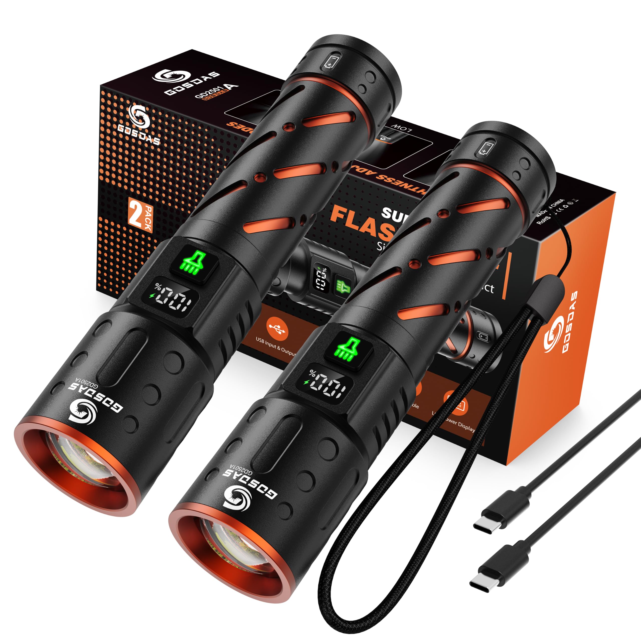 Gosdas LED Rechargeable Flashlights (2-Pack)