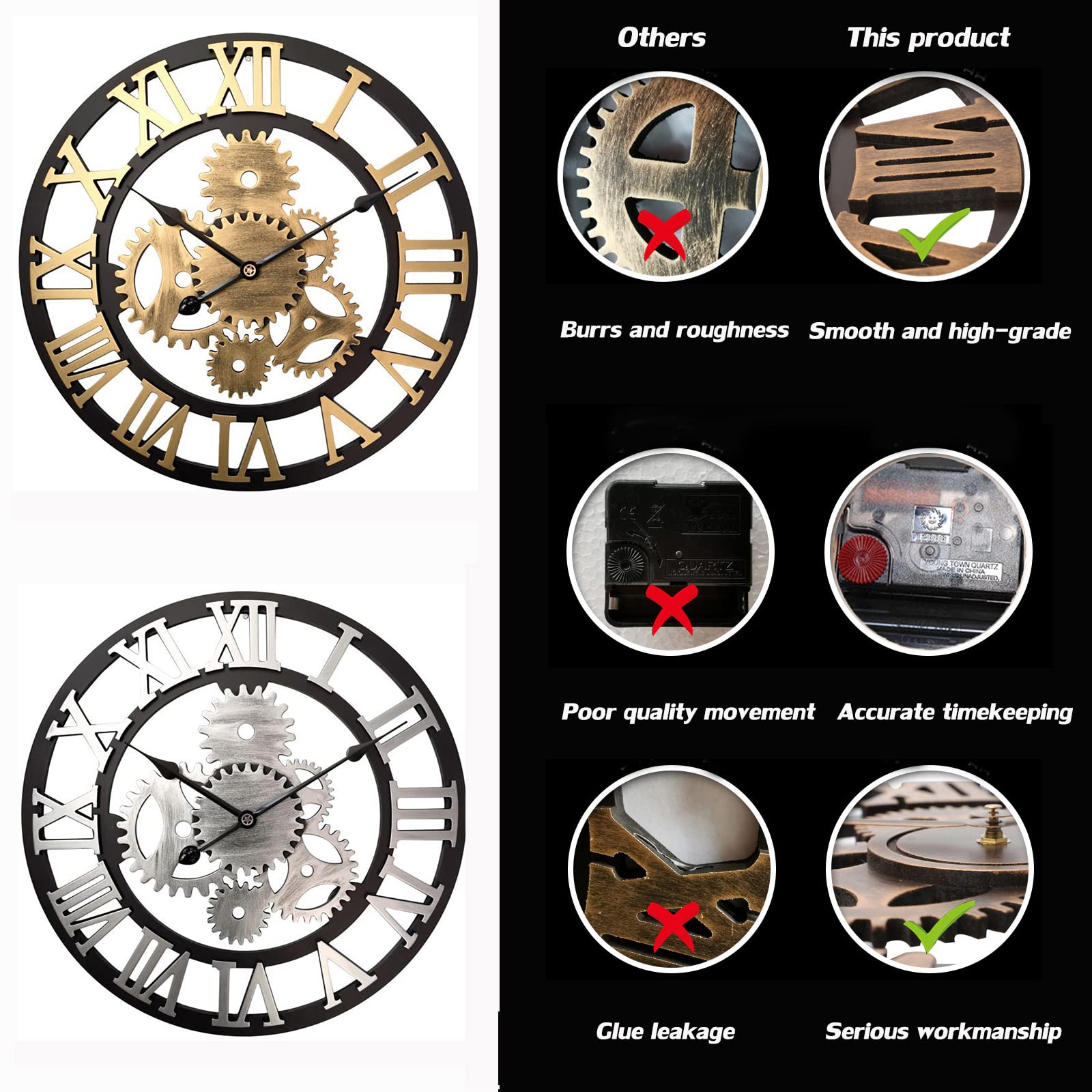 Reloj de pared, reloj de pared con engranajes móviles grandes, silencioso, funciona con pilas, estilo industrial retro, plateado para restaurantes, cafeterías, bares, salas de estar y otros lugares