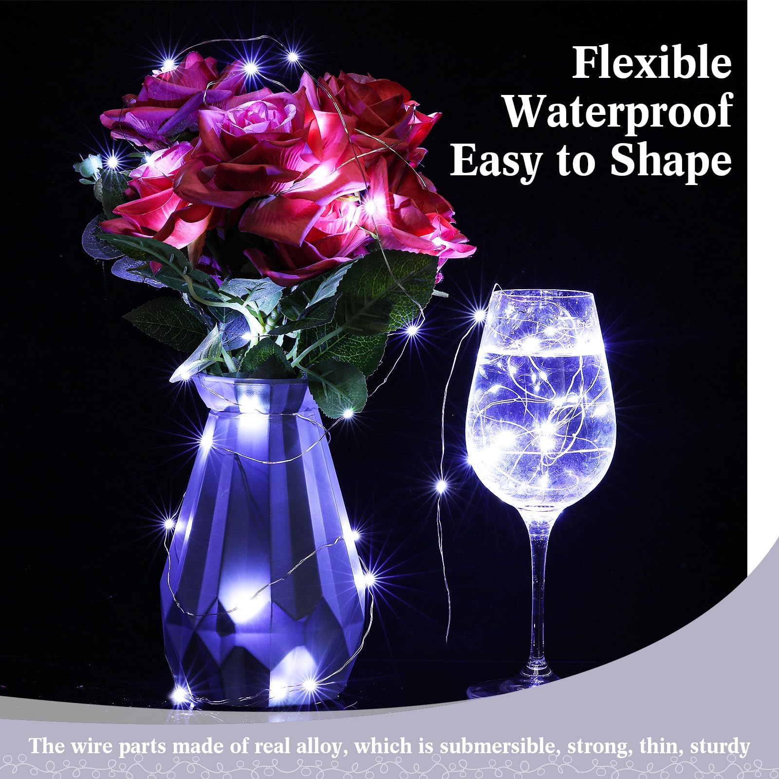 Lot de 150 guirlandes lumineuses à piles, 3 modes de vitesse, 2 m, 20 LED, guirlande lumineuse étanche, pour décoration de vases de mariage, cadeau d'anniversaire (blanc froid)