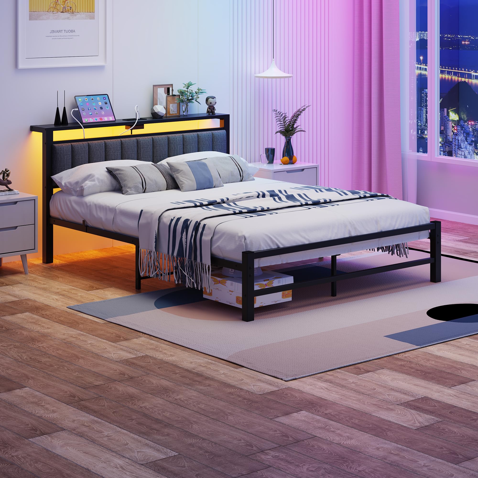 ARFARLY King Size Bed Frame with Storage Headboard, 5ft Upholstered Bed Frame Kingsize with Charging Station and LED Lights/Under Bed Storage/No Box Spring Needed, Dark Gray