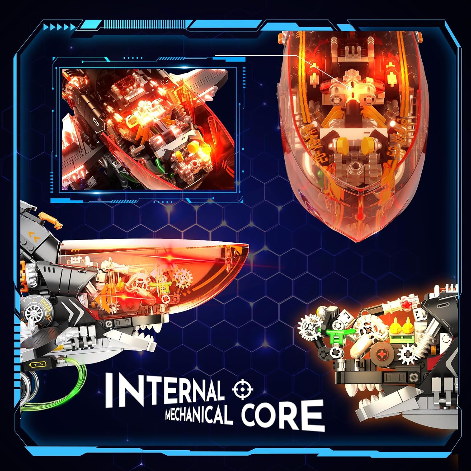 Punk Style Shark Building Set with Light, 1076-PCS Articulated Mechanical Jaws Fish Model with Display Stand, Ocean Predator Kit for Kids 8+ and Adults, Birthday for Marine & Mech Fans