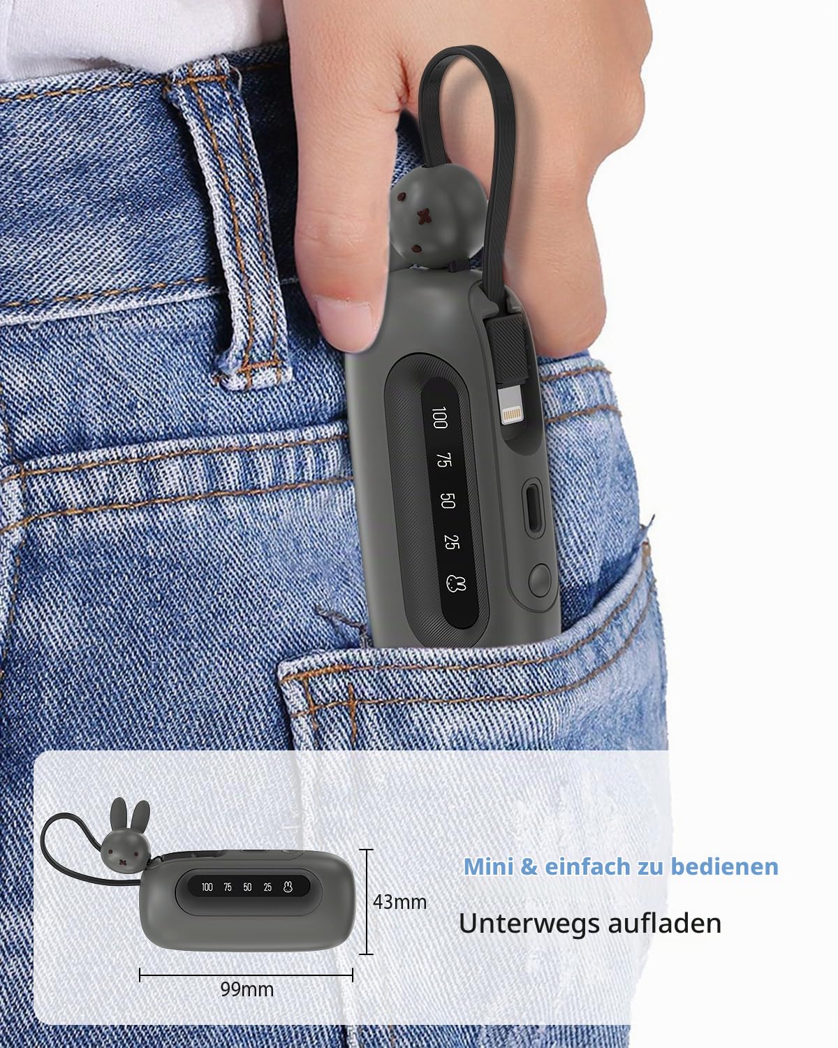 MIPOW x Miffy tragbares Ladegerät, 5000mAh 20W Power Bank, USB-C in aus Schnellladebatterie, Beleuchtung Telefon Power Bank, für iPhone17, Samsung S25, Android (Grau), Ostern Geschenke