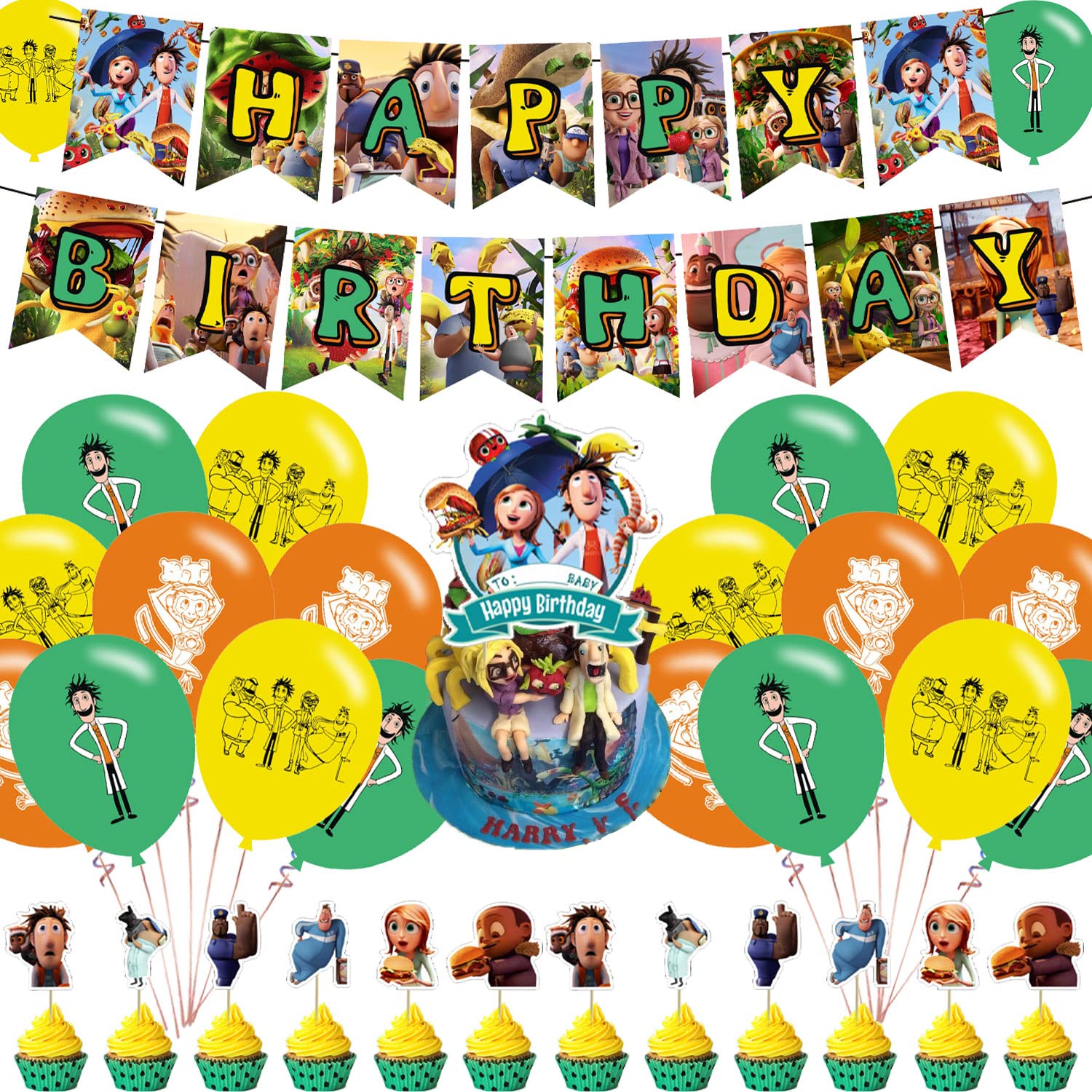 Photo 1 of Cloudy with a Chance of Meatballs Party Decorations,Cloudy with a Chance of Meatballs Birthday Party Supplies Includes Banner - Cake Topper - 12 Cupcake Toppers - 18 Balloons