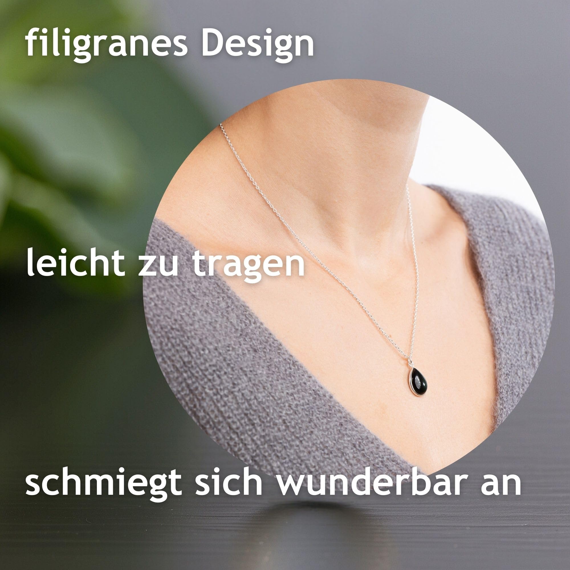 Obsidian Halskette Damen aus reinem 925 Sterling Silber - Echter Obsidian Edelstein Schmuck - Frauen Halskette in Tropfenform