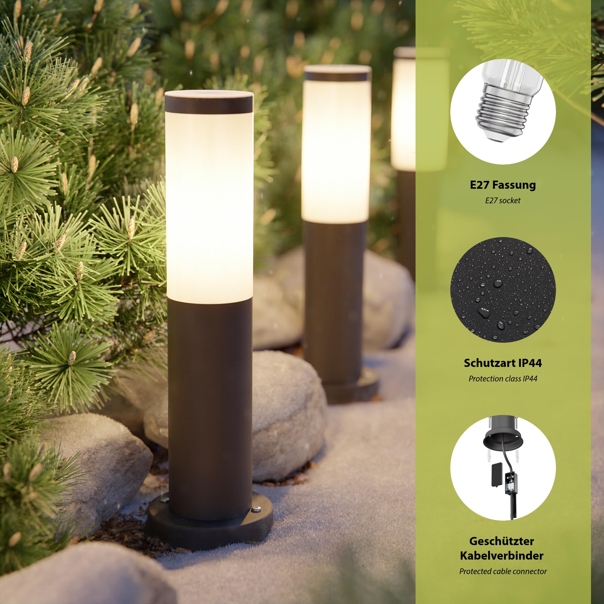 ledscom.de 3x Pollerleuchte PORU schwarz für außen, Edelstahl, rund, 38,5cm, inkl. E27 Lampe 3,99W extra-warm-weiß 471lm