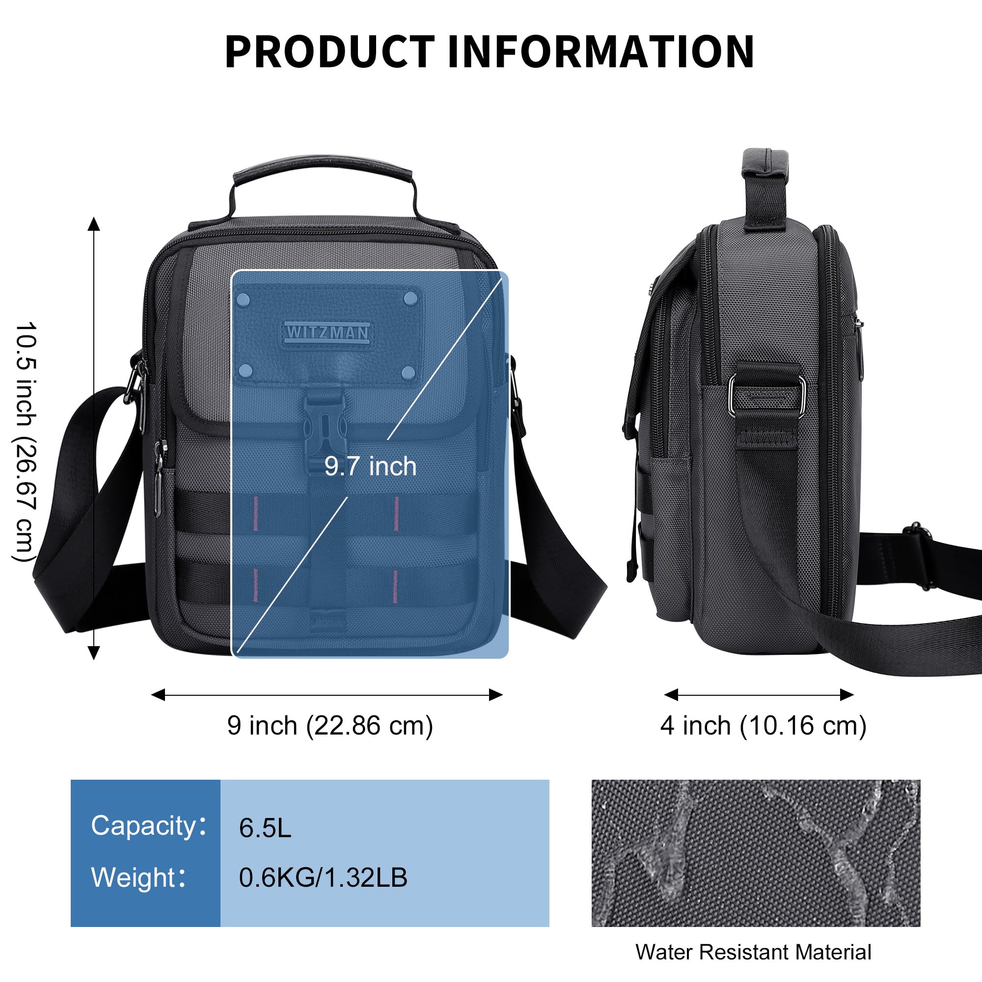 WITZMAN Sac à bandoulière léger pour homme - Sac à bandoulière décontracté en nylon pour le travail et les voyages