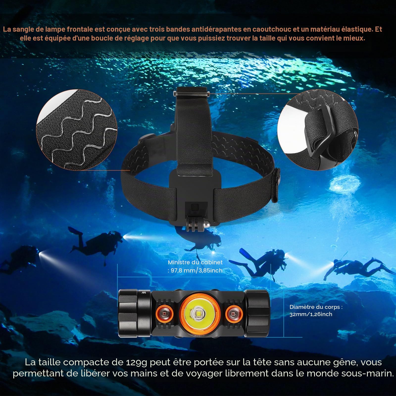 ORCATORCH TD01 Phare de plongée 1200 lumens 5 modes de double couleur (blanc/rouge) Phare professionnel sous-marin de 150 m, lampe torche étanche IP68 pour spéléologie, plongée avec tuba, pêche