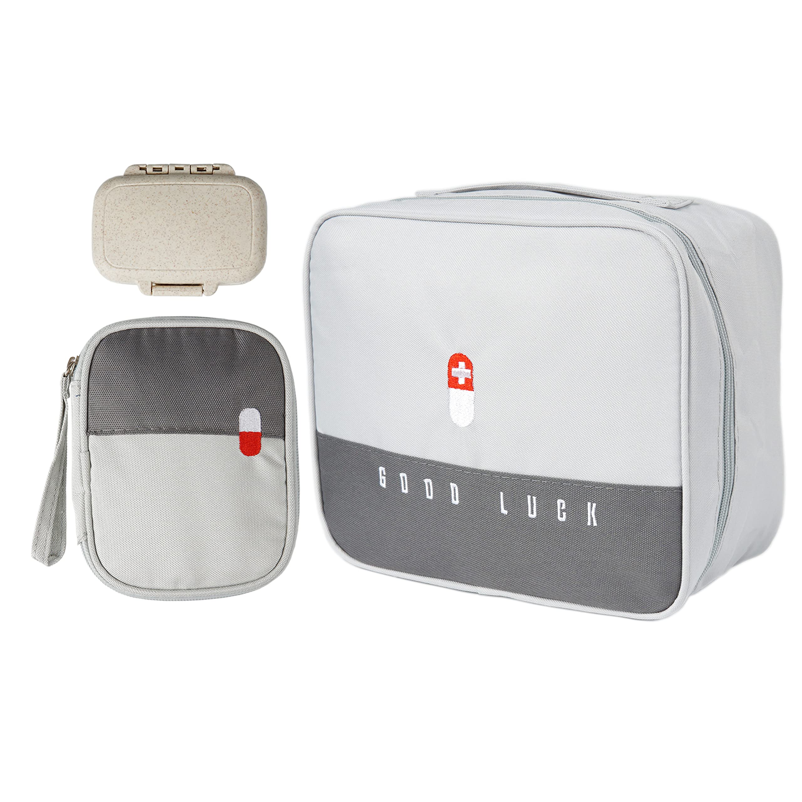 YOCOOL First Aid Bag Kit Emergency Medicine Pouch Empty Compact Portable for Home Office Car Camping Outdoor,2pcs Large and Small with a Pill Box, Grey
