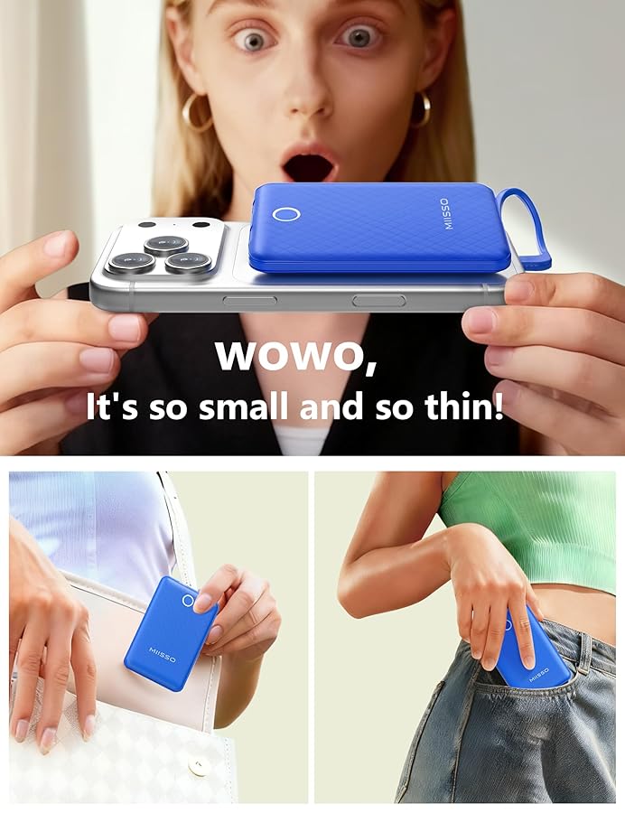 miisso 10000mAh Mini Portable Charger with Built in Cable, Pocket Size Power Bank Travel External Battery Pack for Phone, 3 Output USB Type C Cord Clutch Compatible with iPhone, Samsung, Deepblue - image 4