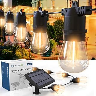 JACKYLED Outdoor String Lights Solar Powered, 50FT Solar String Lights for Outside, Waterproof Shatterproof LED Bulbs Patio Lights with USB Port, IP65 Commercial Grade Light Strand, Warm White