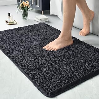 LOCHAS Luxury Bathroom Rug Shaggy Bath Mat 24 x 36 Inch, Dark Grey | Washable Non Slip Bath Rugs for Bathroom Shower, Soft Plush Chenille Absorbent Carpets