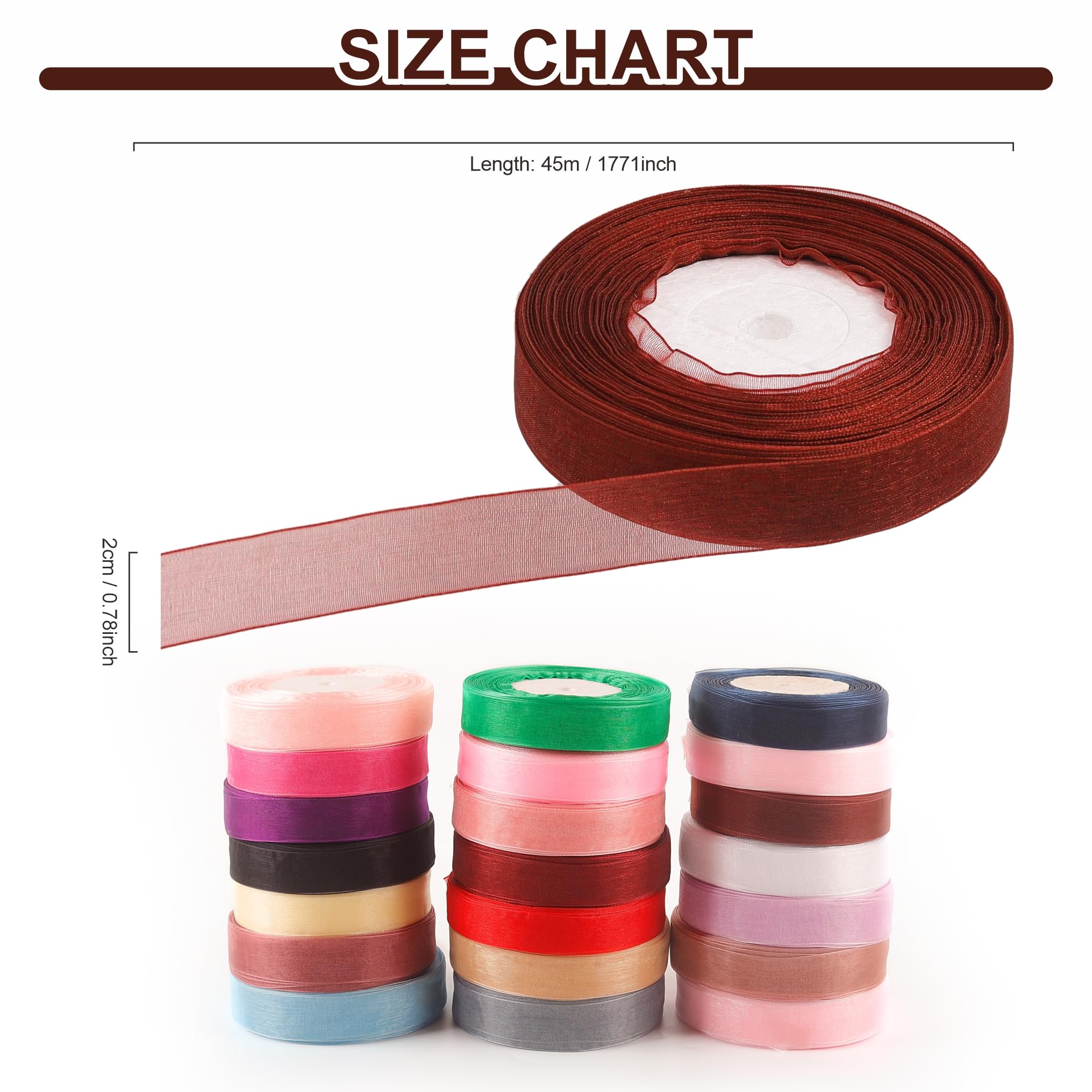 20mm Coffee Organza Ribbon for Gift Wrapping - 45M, Thick Ribbon for Gift Wrap Hair Bow, Christmas, Wedding, DIY Crafts, Car - Image 3