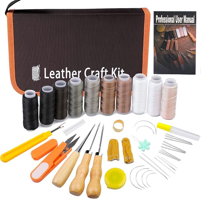 Leather Sewing Repair Kit , 42 Pcs Upholstery Thread and Needle, Leather Working Kit with Sewing Awl and Instruction, Sewing Thread for Leather Working and Leather Craft DIY