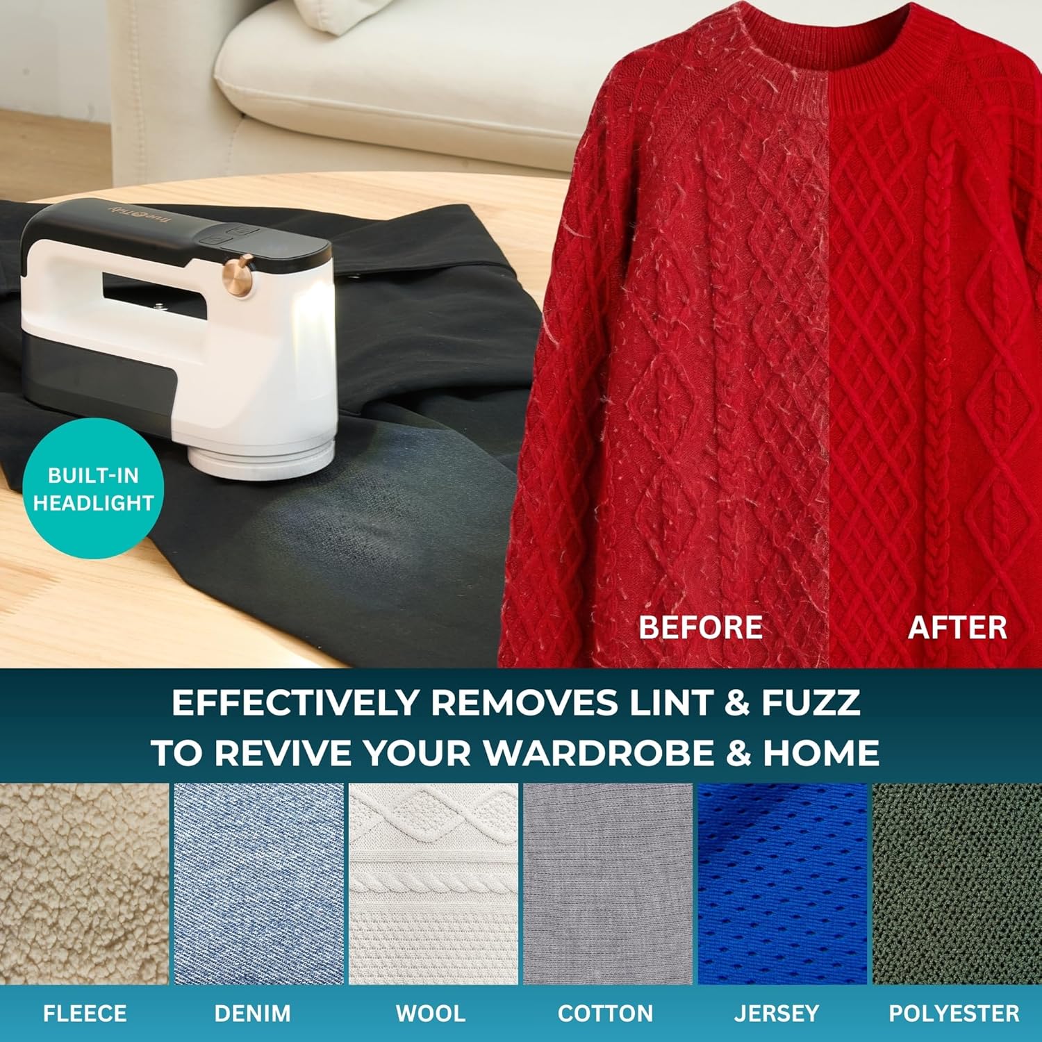 True & Tidy LED Turbo Fabric Shaver | Cordless Lint Remover with Digital Display & 3 Speeds – Perfect for Clothes, Couch & Furniture Defuzzing (White, Turbo)