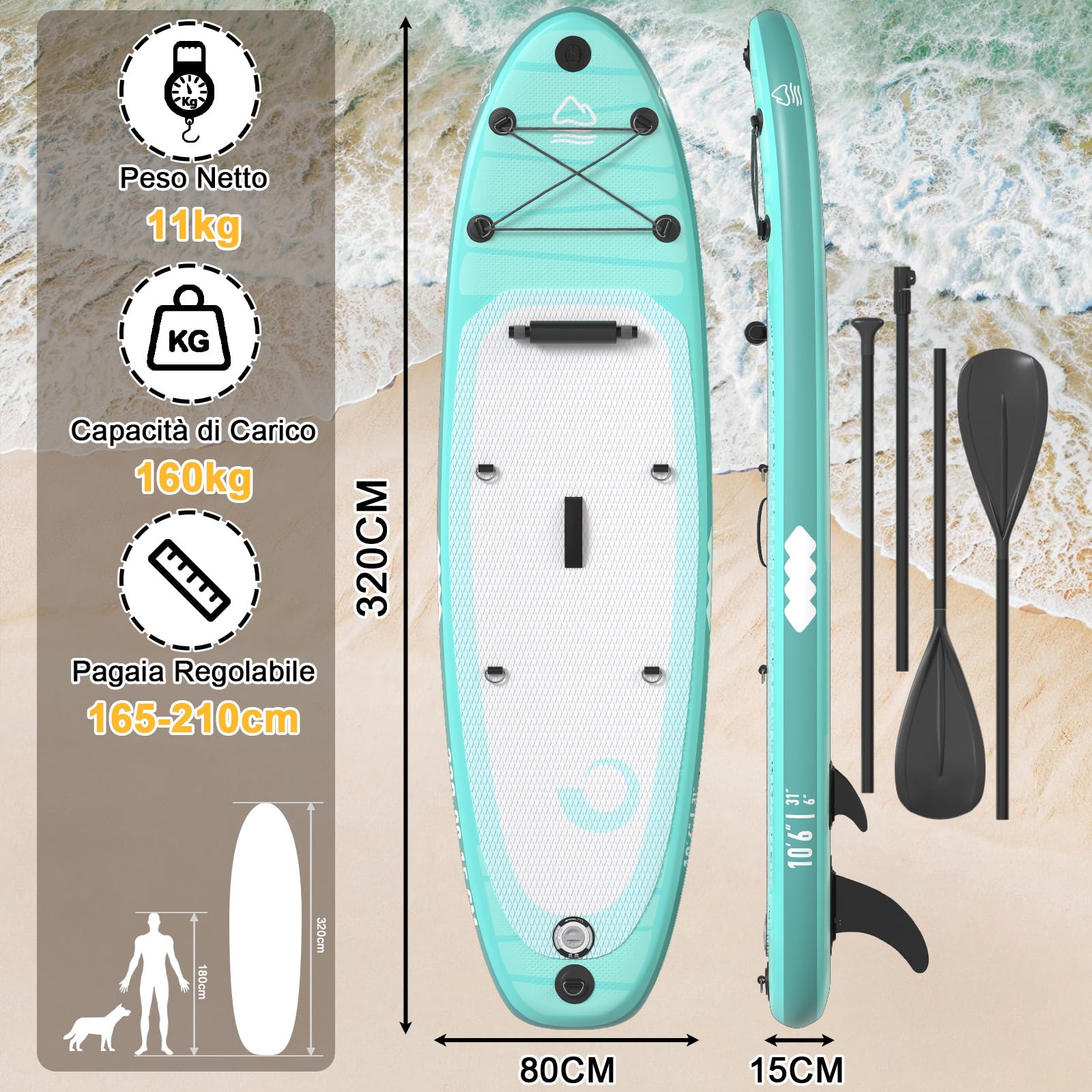 JUMMICO Tavola Sup Gonfiabile, Stand Up Paddling Board, 320 x 80 x 15 cm, Pagaia Stand Up 2-in-1 con Sella Kayak, Pagaia Regolabile e Accessori, Portata 160kg, Ideale per Surf, Pesca e Yoga