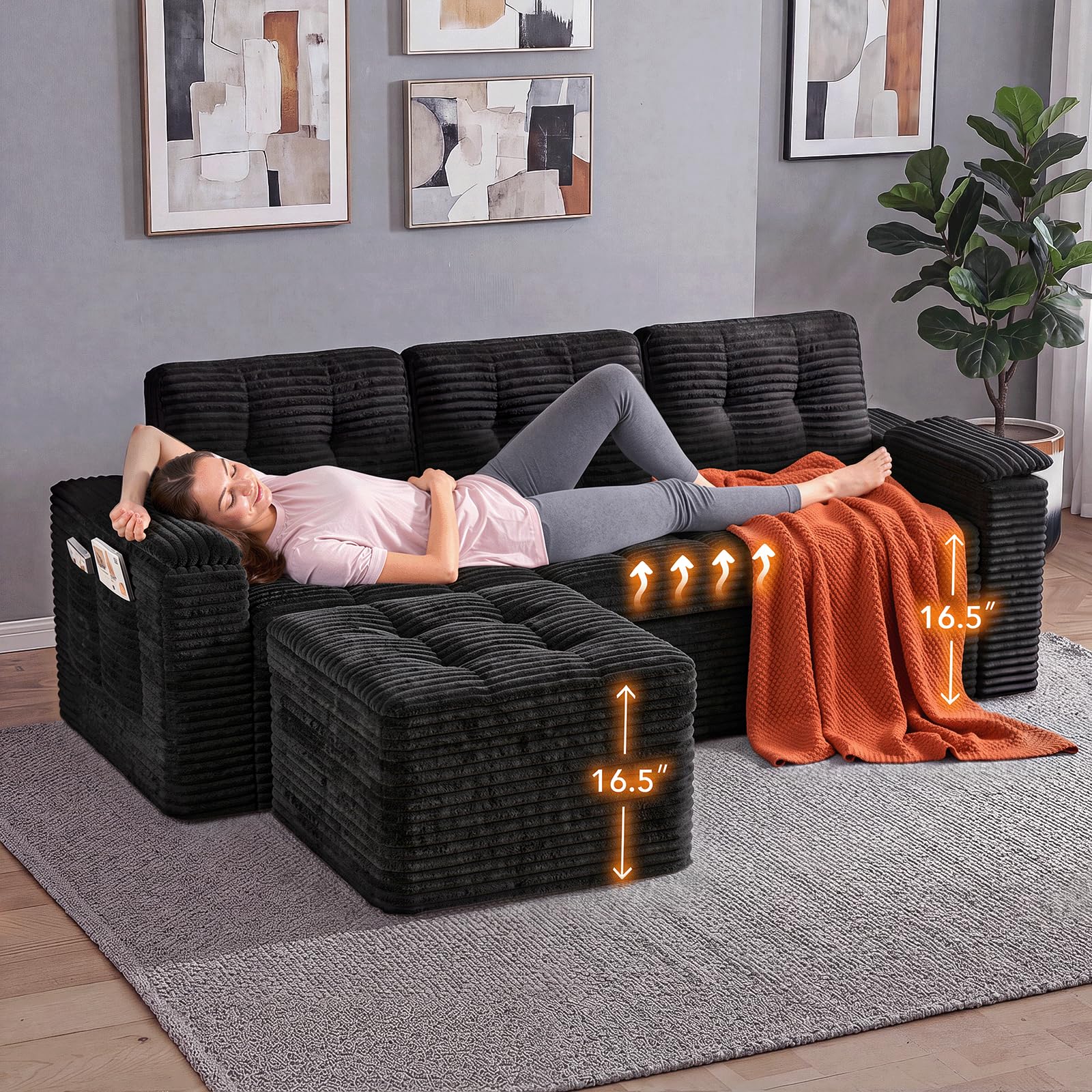 Fabulcozy 3-Sitzer Sofa 210 cm aus Cord mit Fußstütze, Seitentaschen, Armlehnenkissen und 3 Kissen inklusive, Bequeme Polsterung, für Wohnzimmer, Apartment,Schwarz