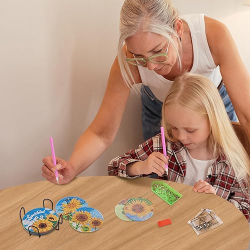 Miniatura 6 de Cheriswelry 8 posavasos de girasol con soporte  Kits de alfombrillas de pintura de diamante 5D  Arte floral para principiantes, adultos y niños
