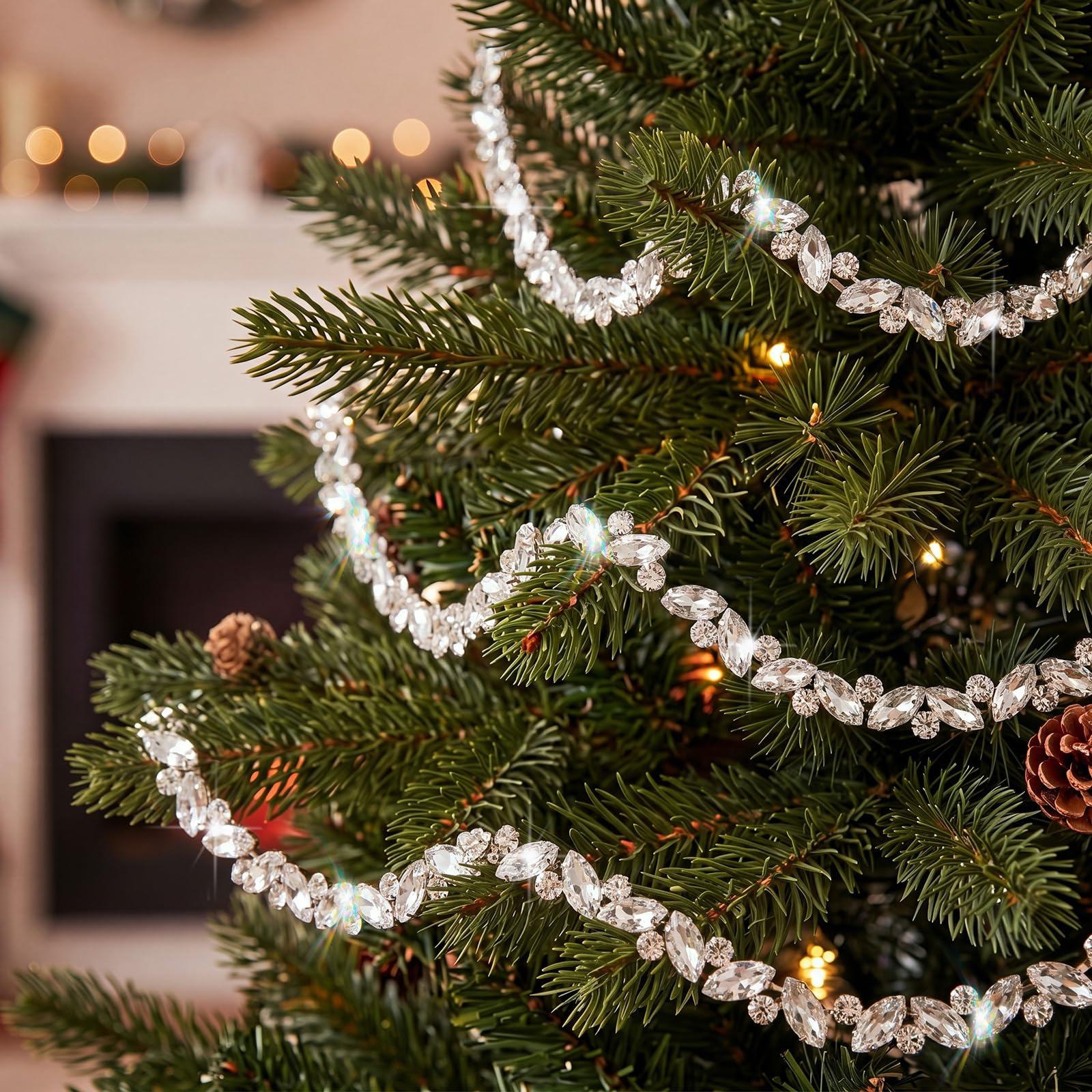 Yookeer Guirlande de perles en cristal argenté de 3,7 m pour sapin de Noël, navette à suspendre et fil rond en strass pour maison, couronne, cheminée, rampe, décoration de fête de mariage