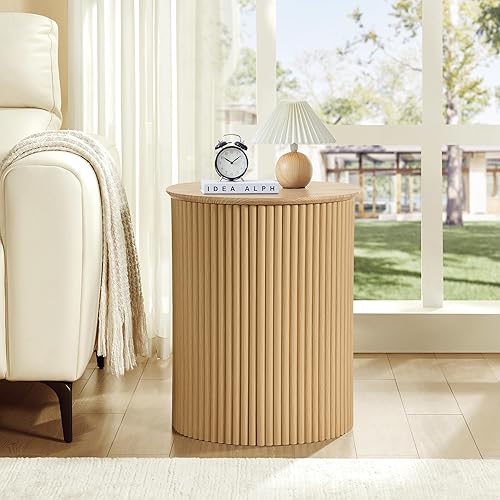 Miniatura 9 de AVZEAR Juego de 2 mesitas auxiliares redondas pequeñas acanaladas, mesa auxiliar bohemia moderna con almacenamiento, mesitas de noche circulares de