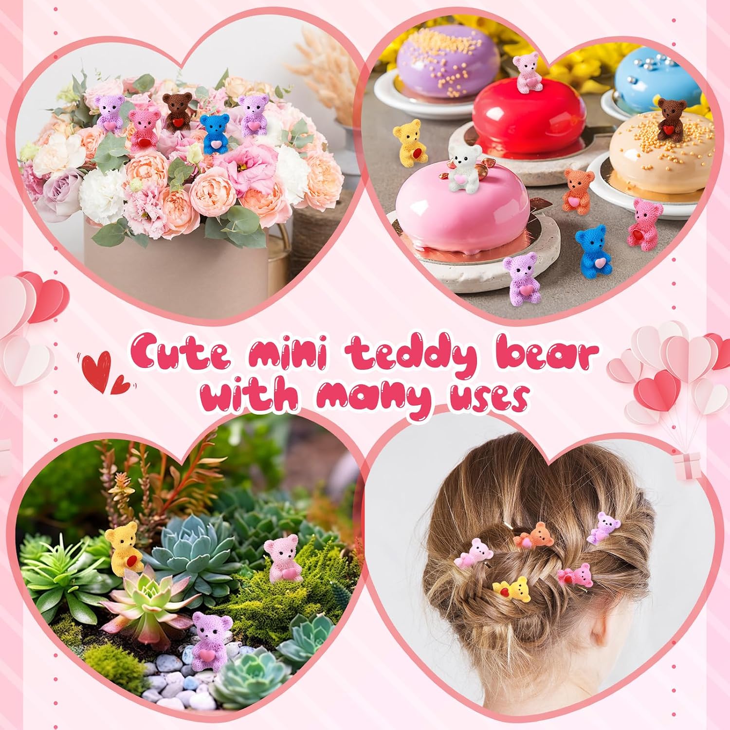 VioraWhite 80 Pcs Mini Resin Bear Figurines Bulk Miniature Animal Figures with Heart Tabletop Tiny Bear Ornaments for Gardens Mothers Day Birthday Cake Decor DIY Wedding Valentines Plant Decorations