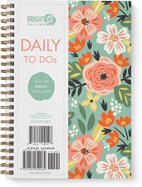 to Do List Daily Task Checklist Planner Time Management Notebook by Bright Day Non Dated Flex Cover Spiral Organizer 8.25 x 6.25 (Tropical Floral)