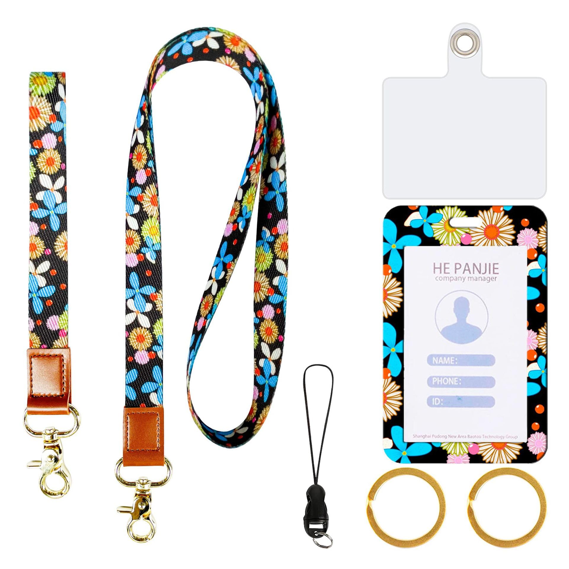 2 Set Lanyard for ID Badge and Keys, Thickened Polyester Webbing Leopard Print Cow Print Floral Print Card Sleeve PVC Transparent Phone Pad Hanging Rope(5 Blue Flowers)