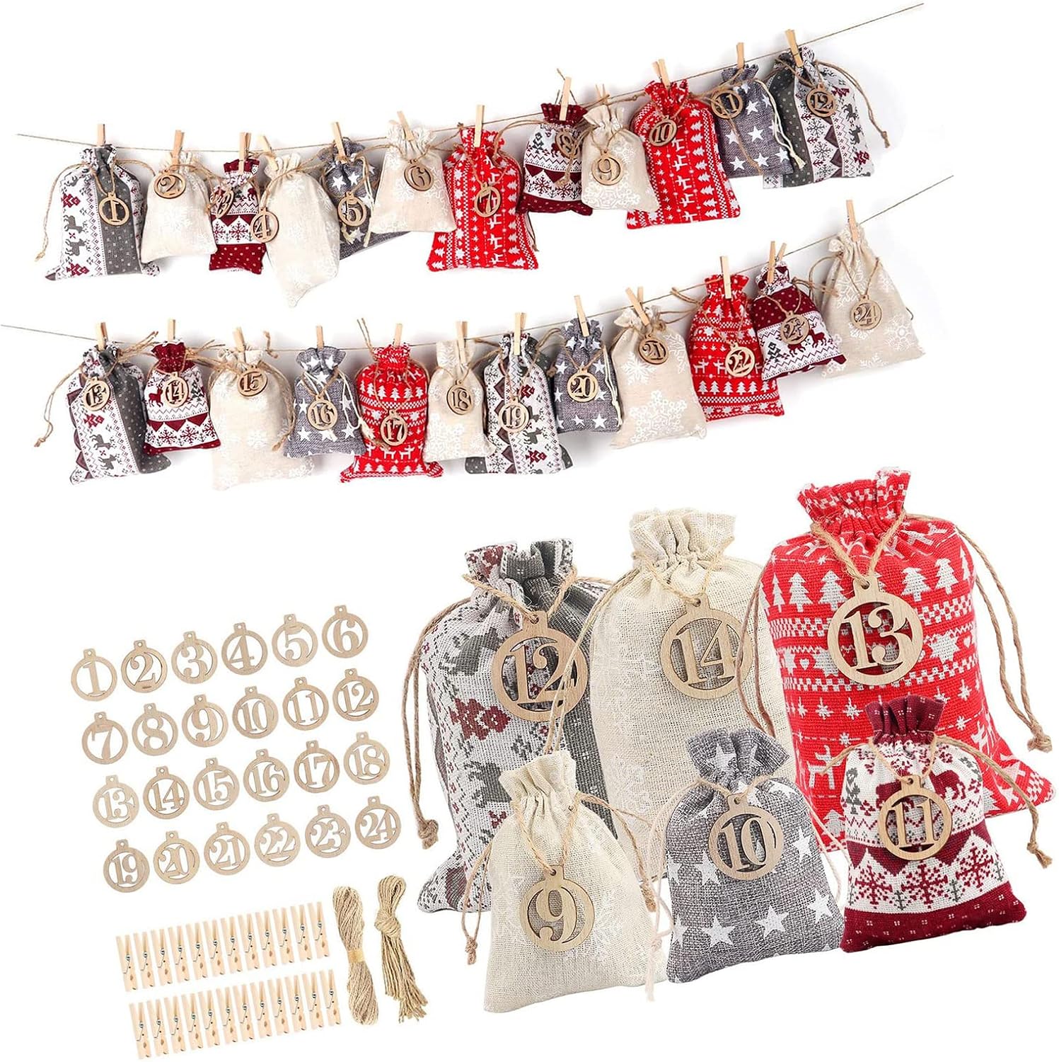 Calendrier De L'Avent à Remplir – 24 Pochons En Tissu, Pinces Et Corde, DIY Facile