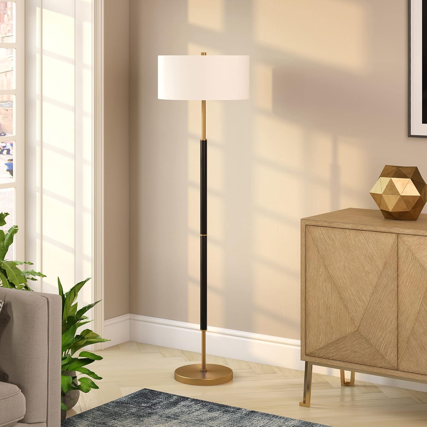 Simone 2-Light Floor Lamp with Fabric Shade in Matte Black/Brass/White - - 