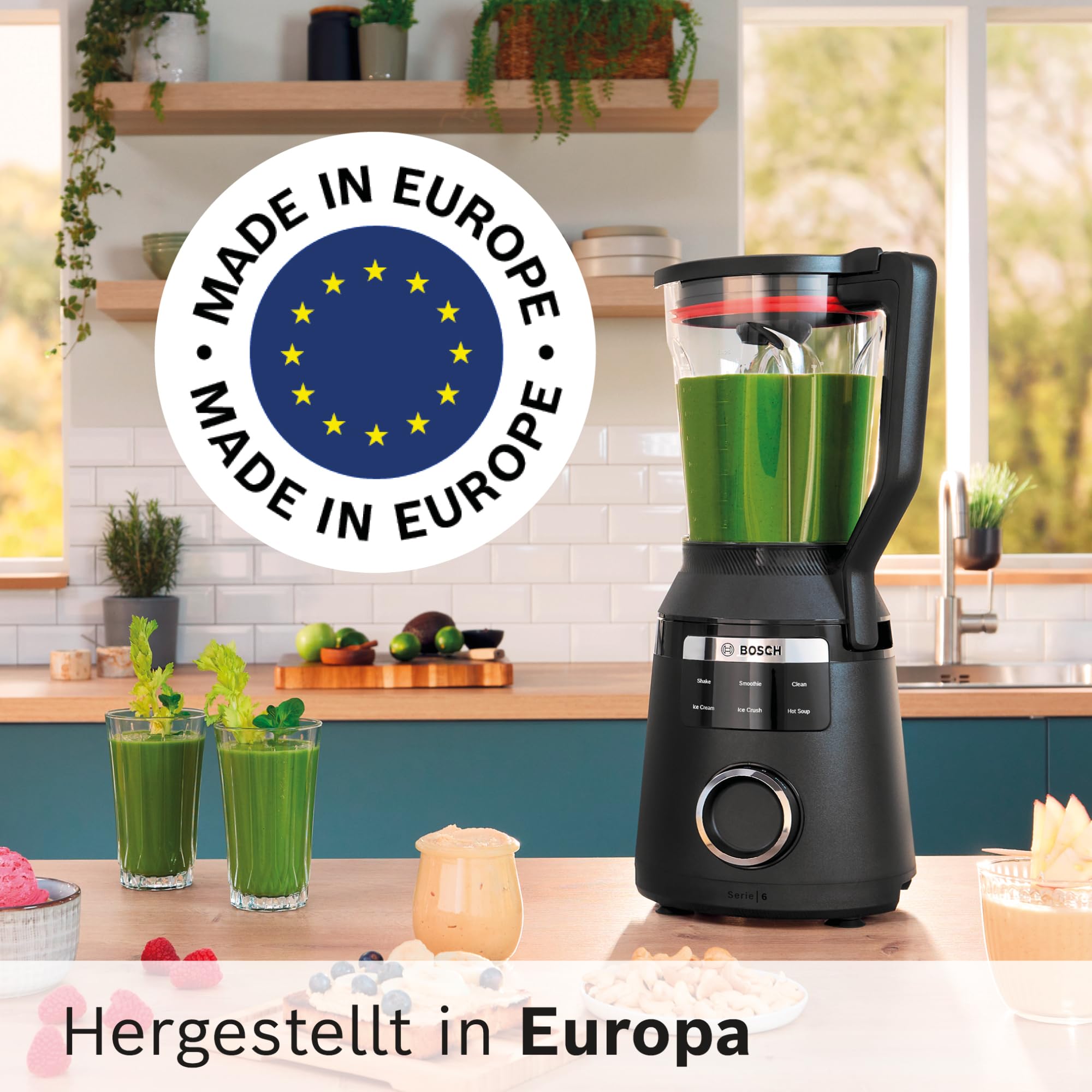 Bosch Hochleistungsmixer, Smoothie Maker, 1800W, 45.000 U-min, Programme für heiße Suppe & Reinigung, 2L, spülmaschinenfeste Teile, Made in Europe, schwarz, VitaPower Serie 6 MMB6652B