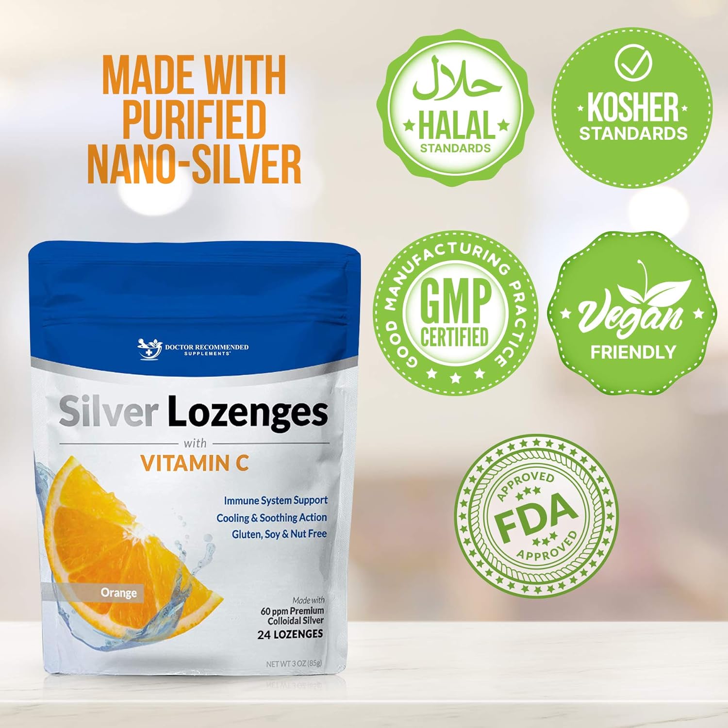 Silver Lozenges with Vitamin C - Premium Nano Silver 60 PPM Colloidal Silver, Organic Honey and Vitamin C Mineral Supplement Drops to Support Immune System, Soothe Cough & Throat - 24 Orange Lozenges : Health & Household