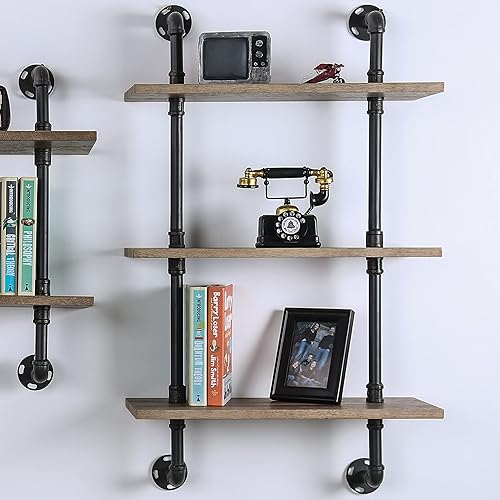 Miniatura 2 de HOMES Inside + Out Treiber Industrial - Estante flotante de metal de 3 niveles de 24 pulgadas para sala de estar, dormitorio, color marrón natural