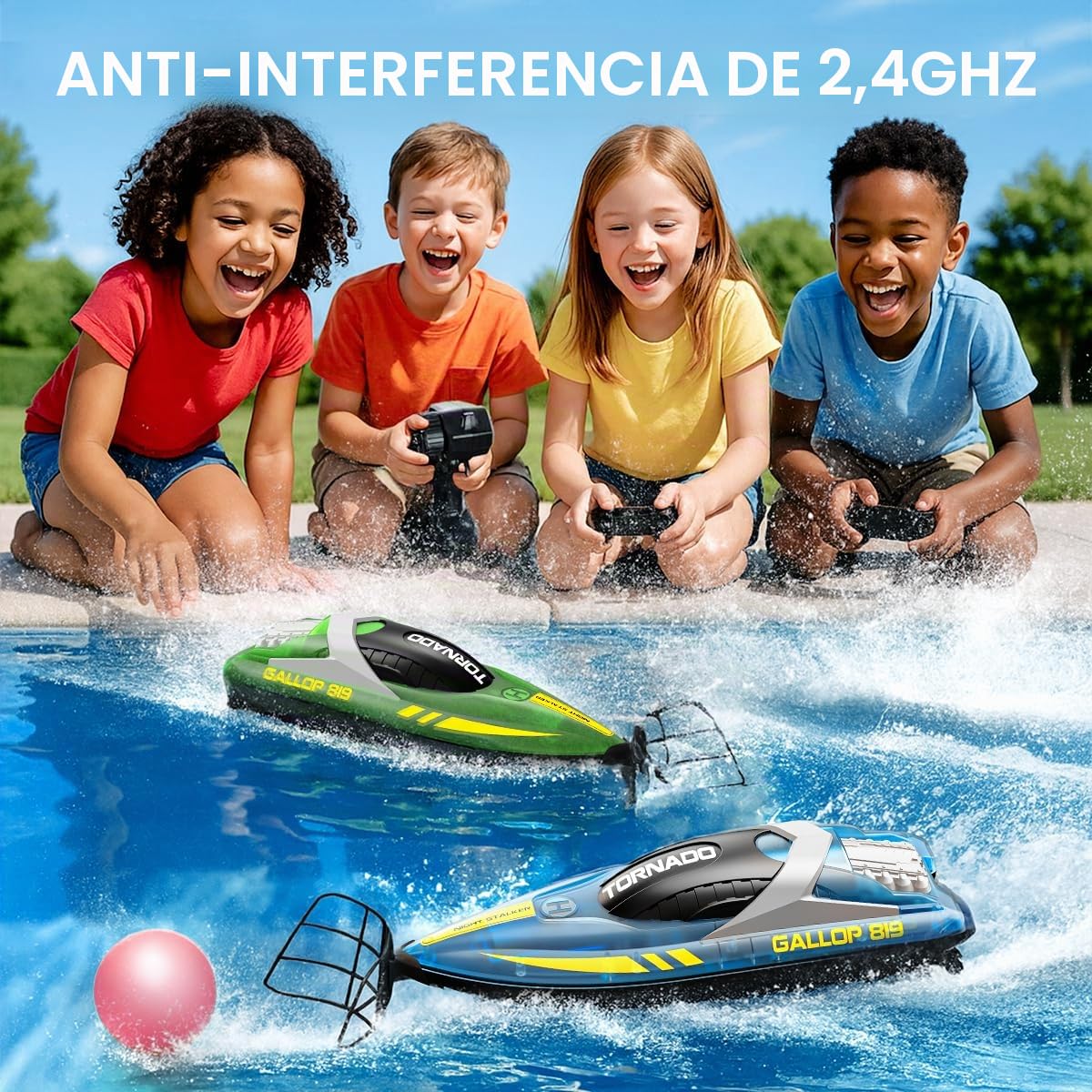 Barco Teledirigido RC 2 Unidades, Control Remoto 2.4GHz,Doble Hélice, Modo Dual de Velocidad, Luces LED, función Flip automática, 4 Baterías Recargables,para Niños y Adultos, Ideal para Piscina y Lago
