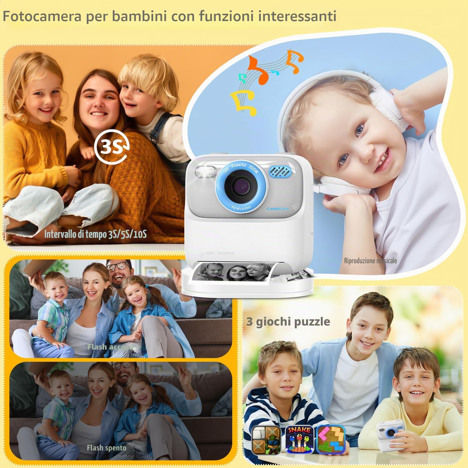 Macchina Fotografica Istantanea Bambini, 20MP/1080P HD Fotocamera Istantanea Bambini Digitale con 32GB Scheda SD e 3 Rotoli di Carta da Stampa, Regalo per Ragazze Ragazzi da 3-14, Bianco