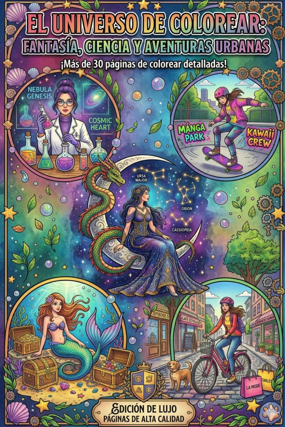 El Universo de Colorear: Fantasía, Ciencia y Aventuras Urbanas: Libro de Colorear Estilo Manga Kawaii para Jóvenes y Adultos
