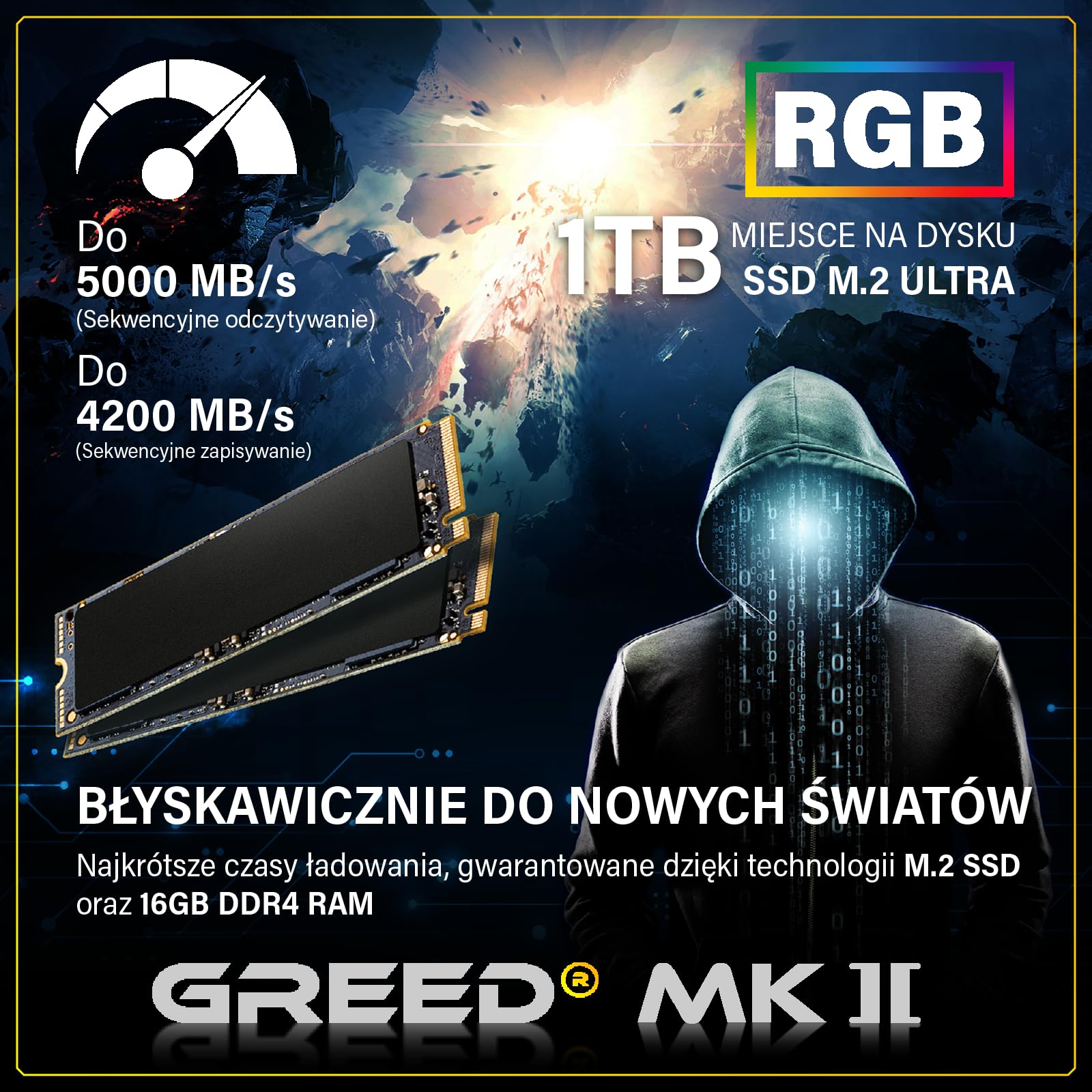 Greed® MK2 Power komputer gamingowy High End - AMD Ryzen 7 5700X + AMD Radeon RX 9070 16 GB - szybki komputer RGB + kalkulator ray tracing 4K o częstotliwości 4,6 GHz – 16 GB DDR4 RAM – 1 TB SSD