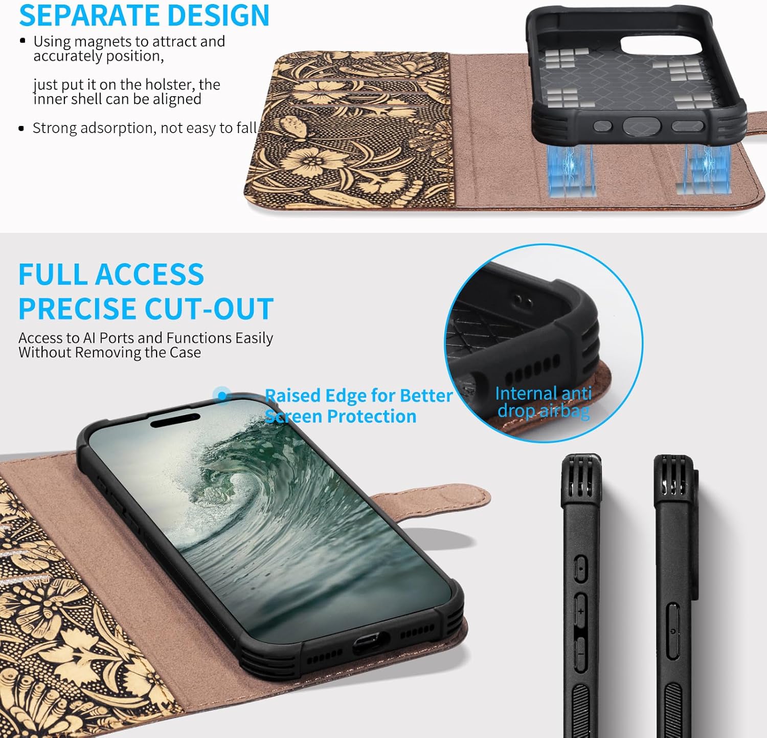 Genuine Leather Wallet Case for iPhone 16 Pro Max | 2-in-1 Magnetic Detachable Flip Folio Cover with Card Slots, RFID Blocking, Shockproof Protection & Wireless Charging White